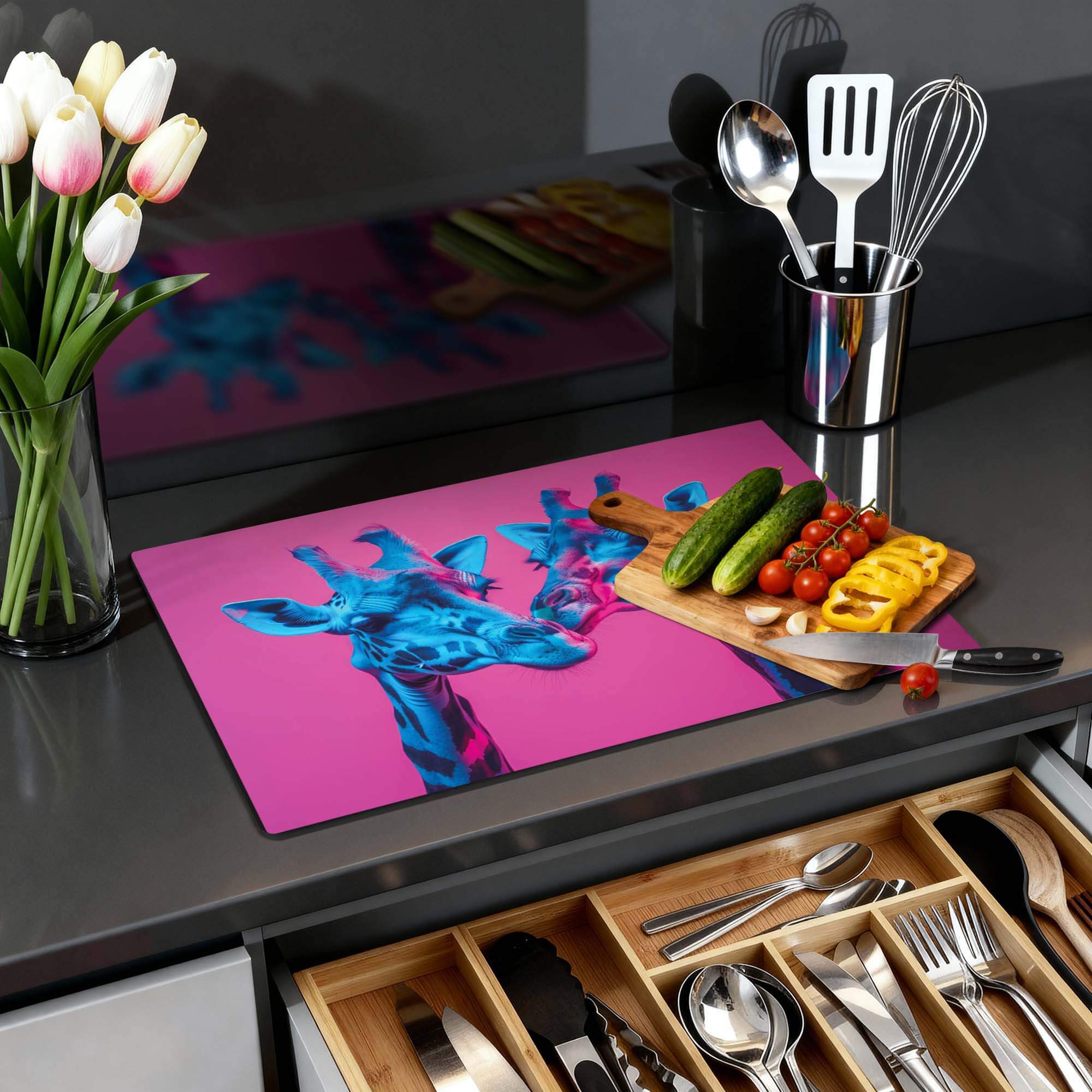 Neon Romance – Inductie Beschermer met sierlijke giraffen en kleurrijke groenten op een aanrecht.
