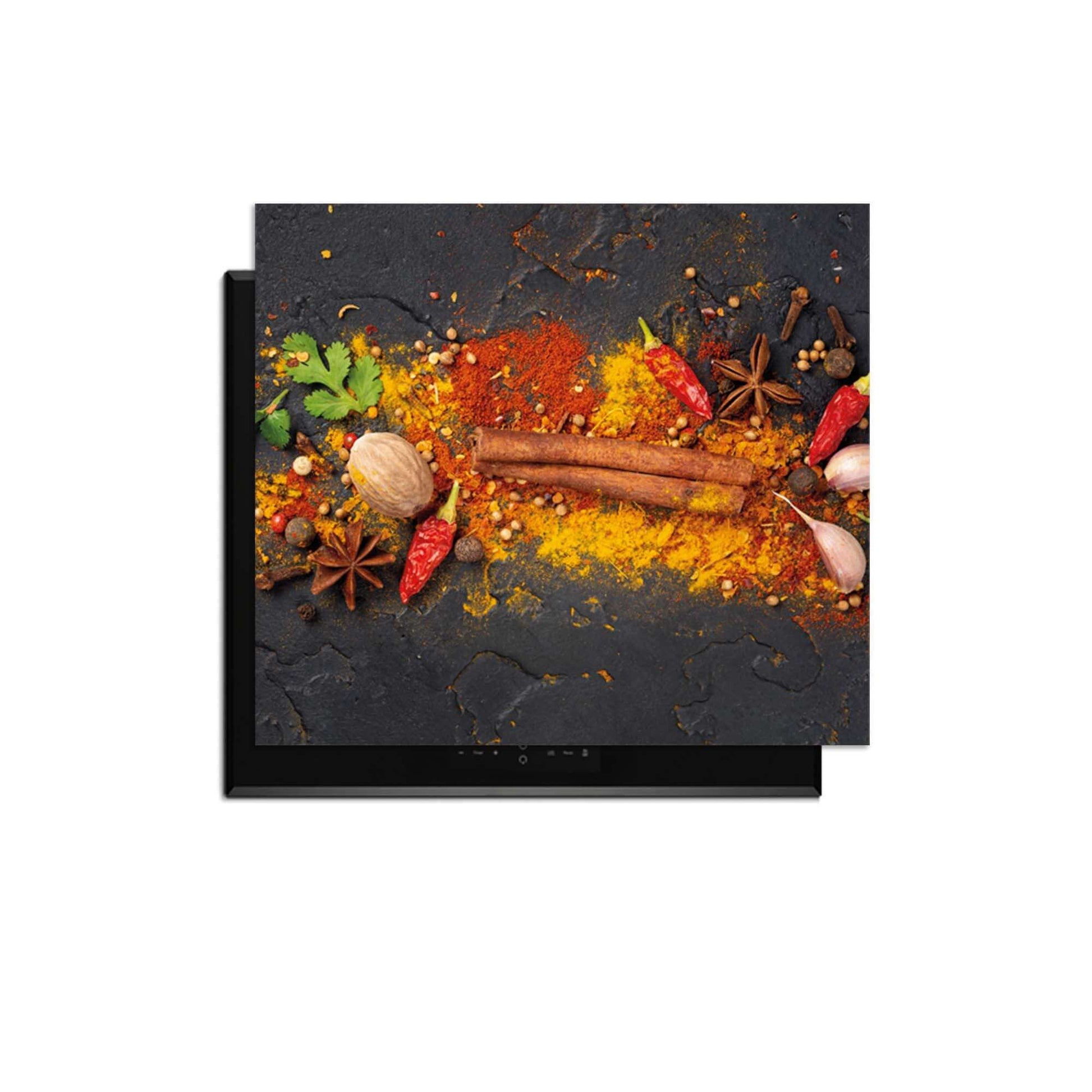 Spice Canvas – Inductie Beschermer met kleurrijke kruidenmotief en antraciete achtergrond