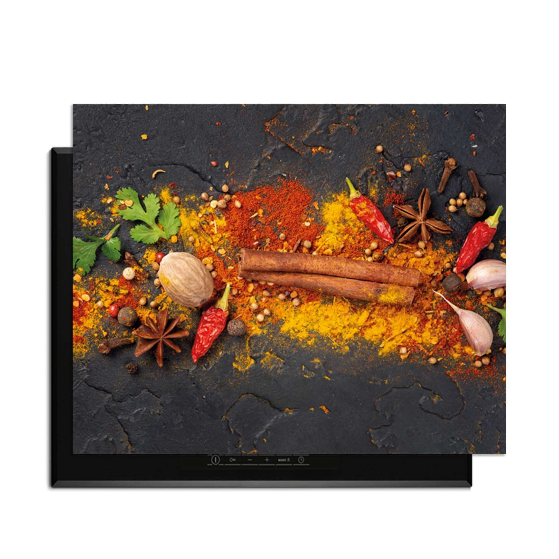 Spice Canvas – Inductie Beschermer met een kleurrijk kruidenmotief op antraciete achtergrond.