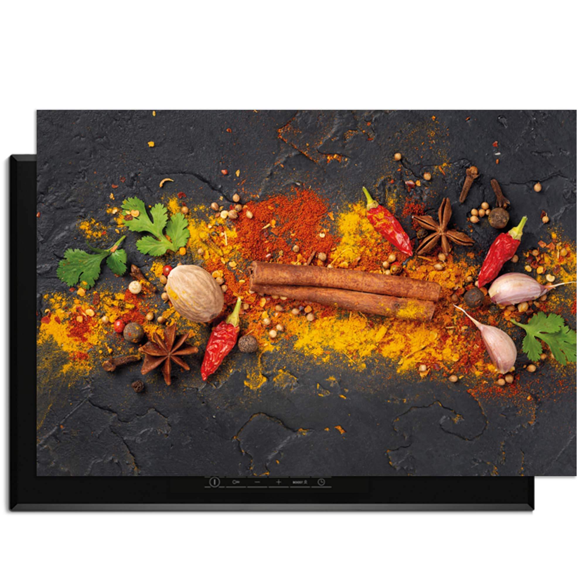 Spice Canvas – Inductie Beschermer met levendige kruiden op antraciete achtergrond voor een stijlvolle keuken.