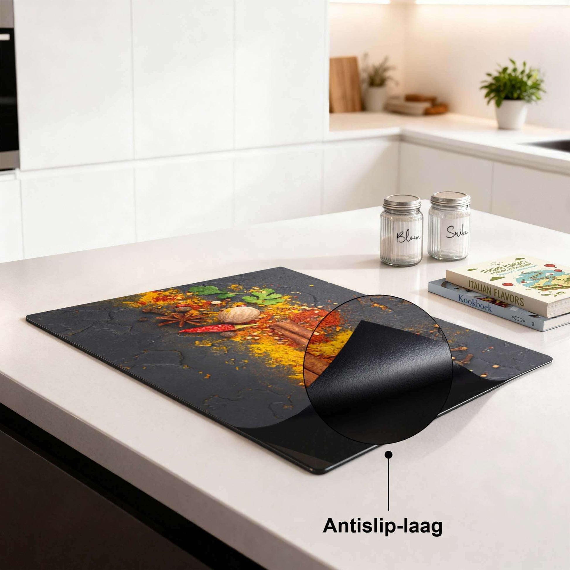 Spice Canvas – Inductie Beschermer op een keukenblad met antislip-laag en kleurrijk kruidenmotief.
