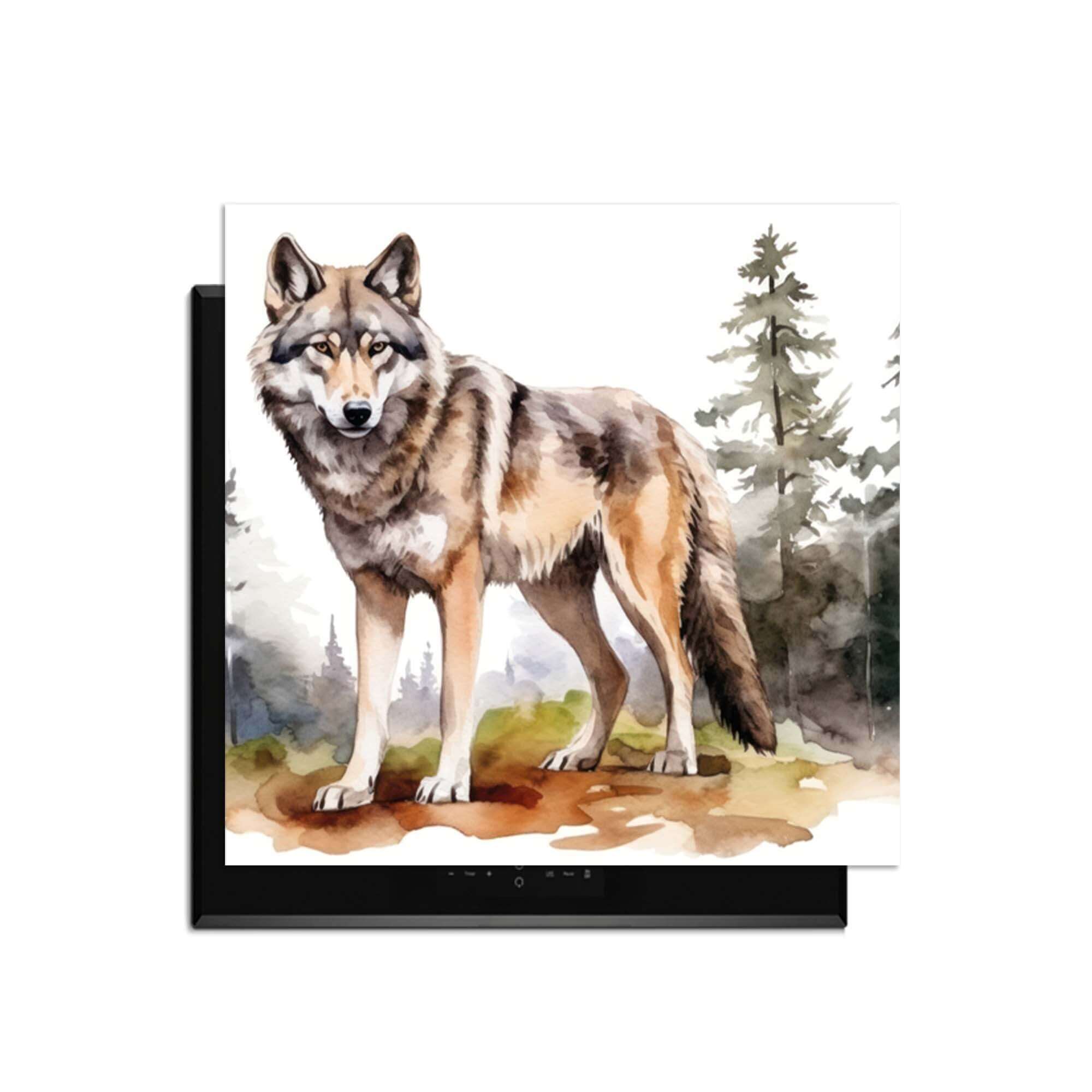 Wild Wolf - Inductie Beschermer met een statige wolf in een bosachtig landschap.