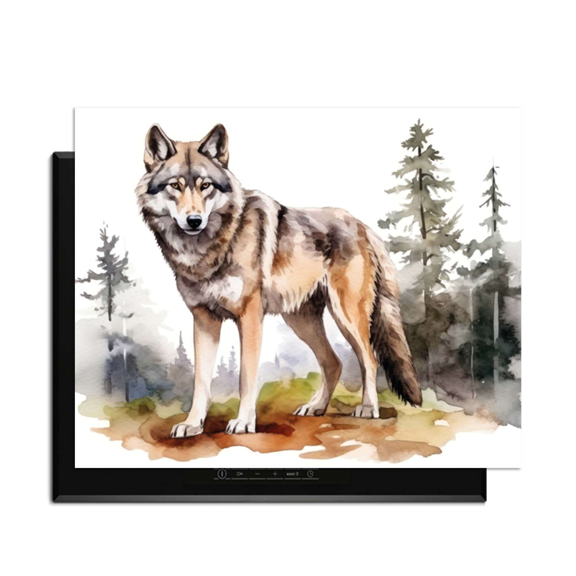 Wild Wolf - Inductie Beschermer met een majestueuze wolf in een bosrijk landschap op een kookplaat.
