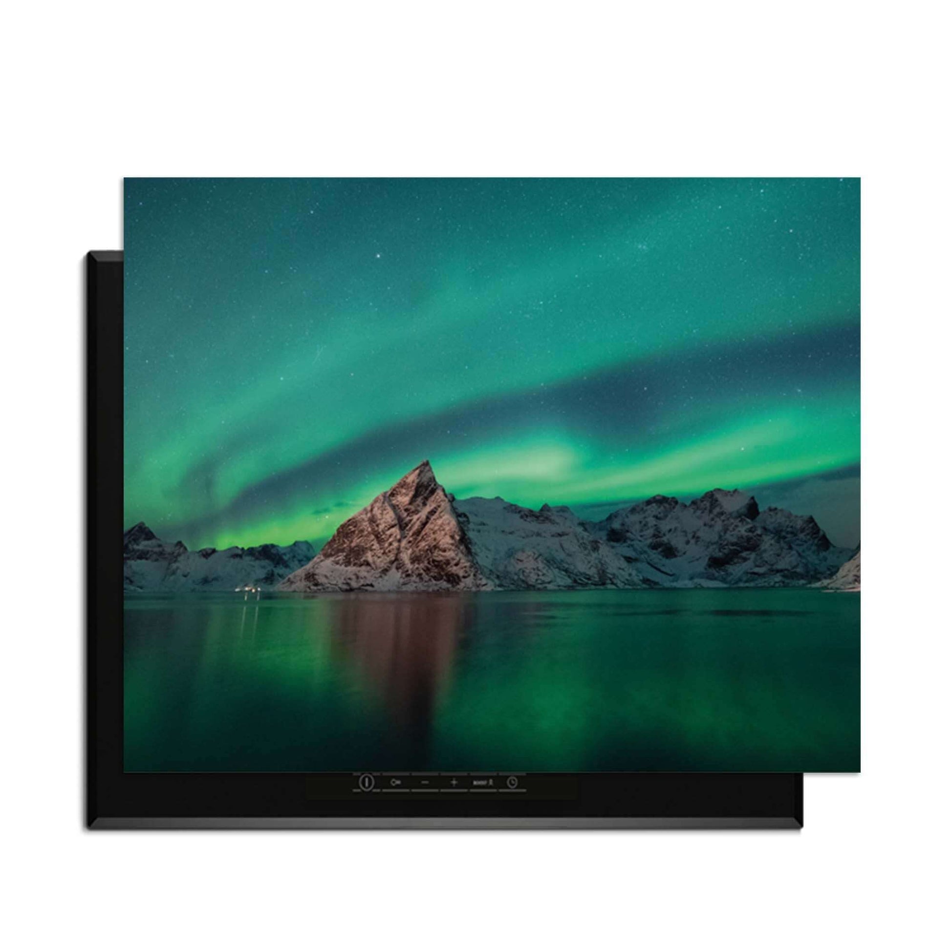 Arctic Aurora – Inductie Beschermer met een prachtig uitzicht op het noorderlicht en besneeuwde bergen.