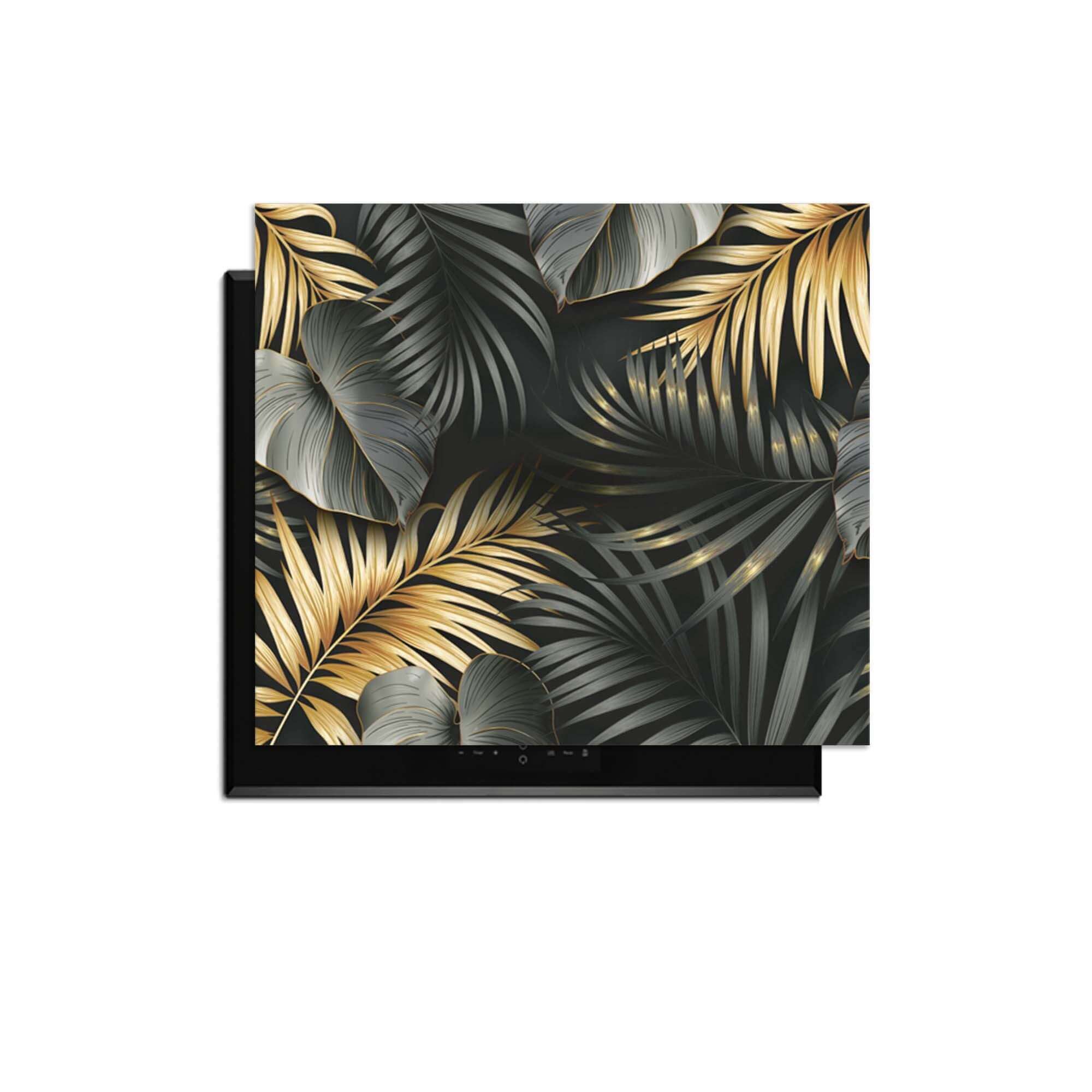 Golden Palms – Inductie Beschermer met luxe, botanische palmblaadjes in zwart, goud en zilvergrijs.