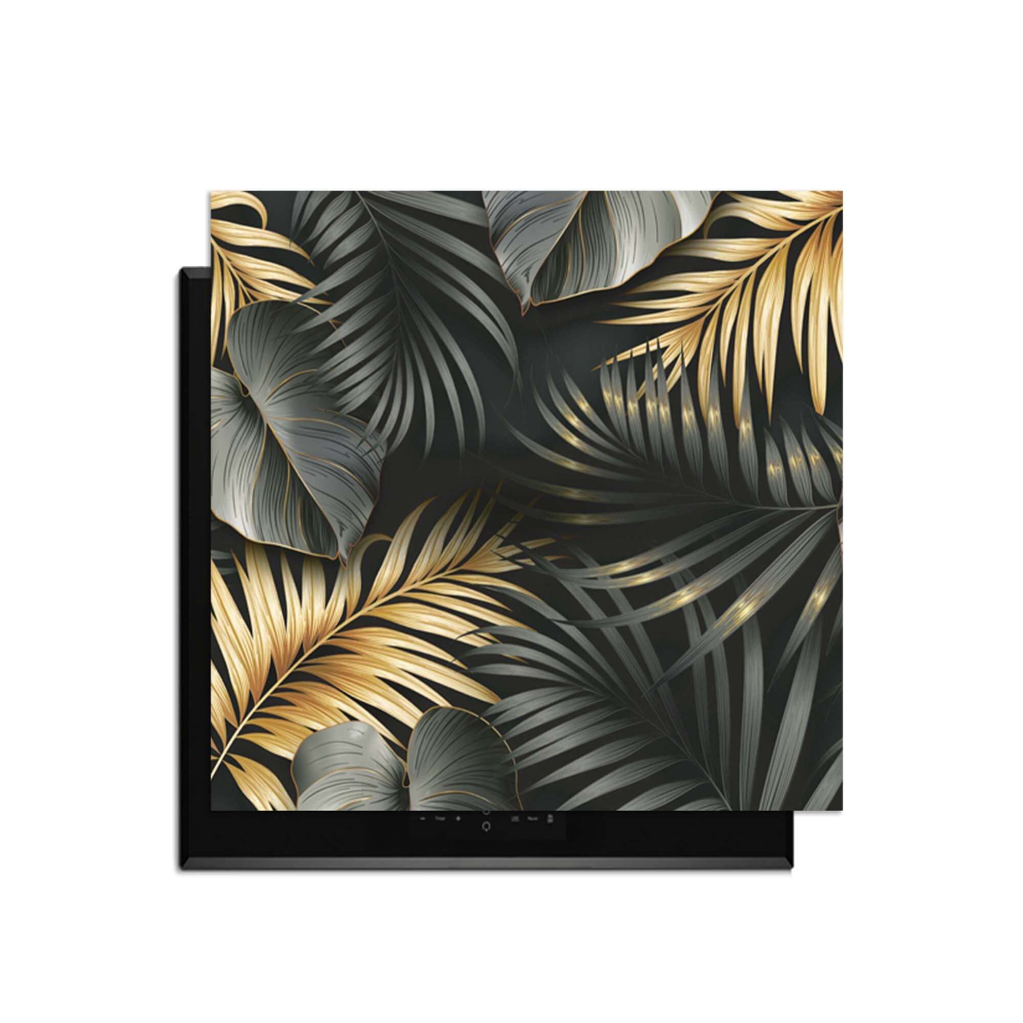 Golden Palms – Inductie Beschermer met luxe botanische palmblaadjes in zwart, goud en zilvergrijs.