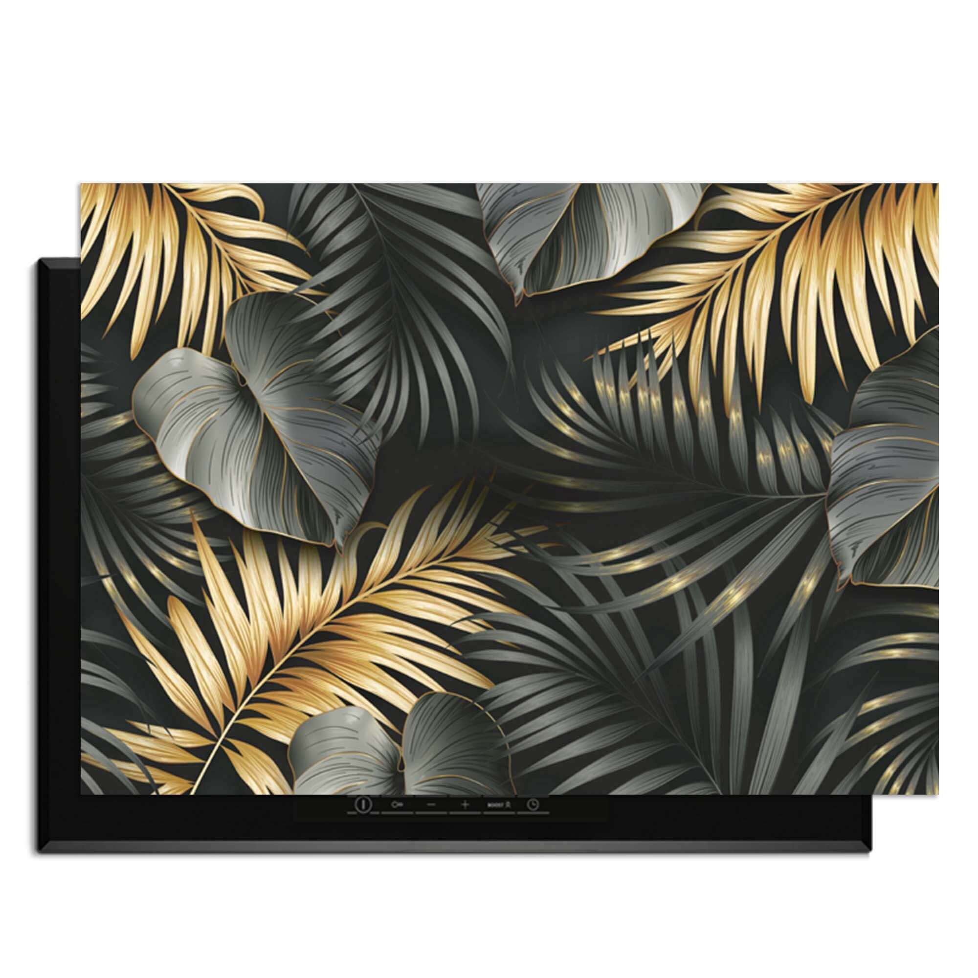 Golden Palms – Inductie Beschermer met luxe botanische palmblaadjes in zwart, goud en zilvergrijs.