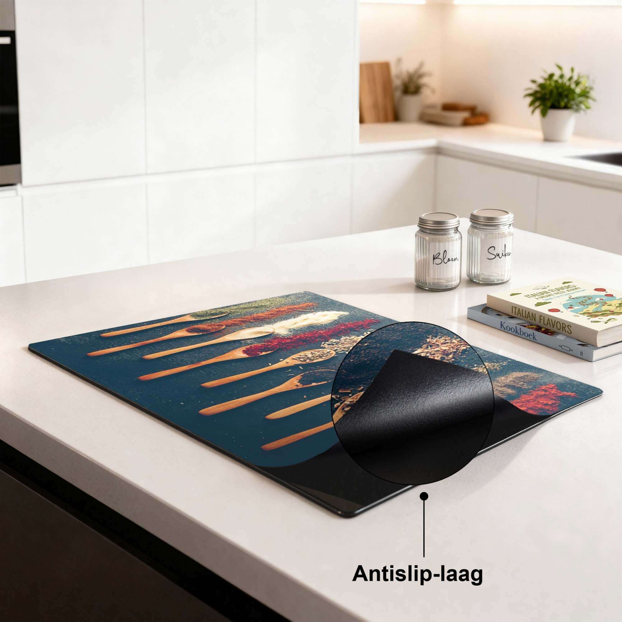 Spice Palette – Inductie Beschermer op een keukenblad met antislip-laag voor extra grip en kleur.