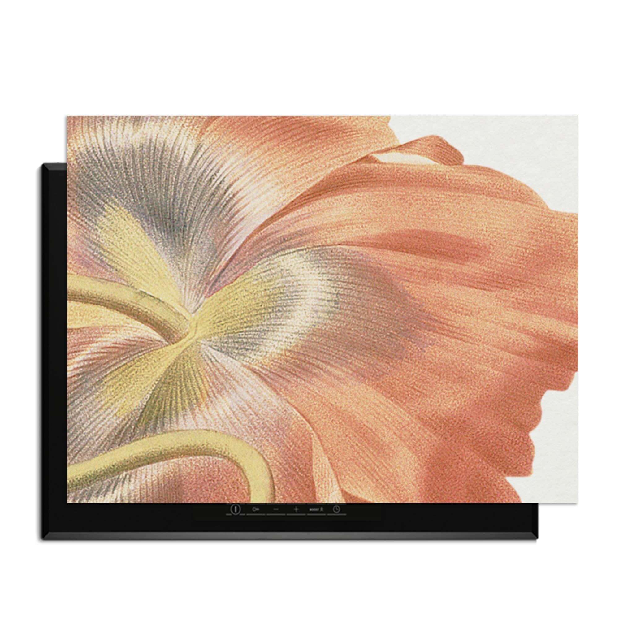 Poppy Bloom – Inductie Beschermer met delicate papaverbloem op lichte achtergrond voor elegante keuken.