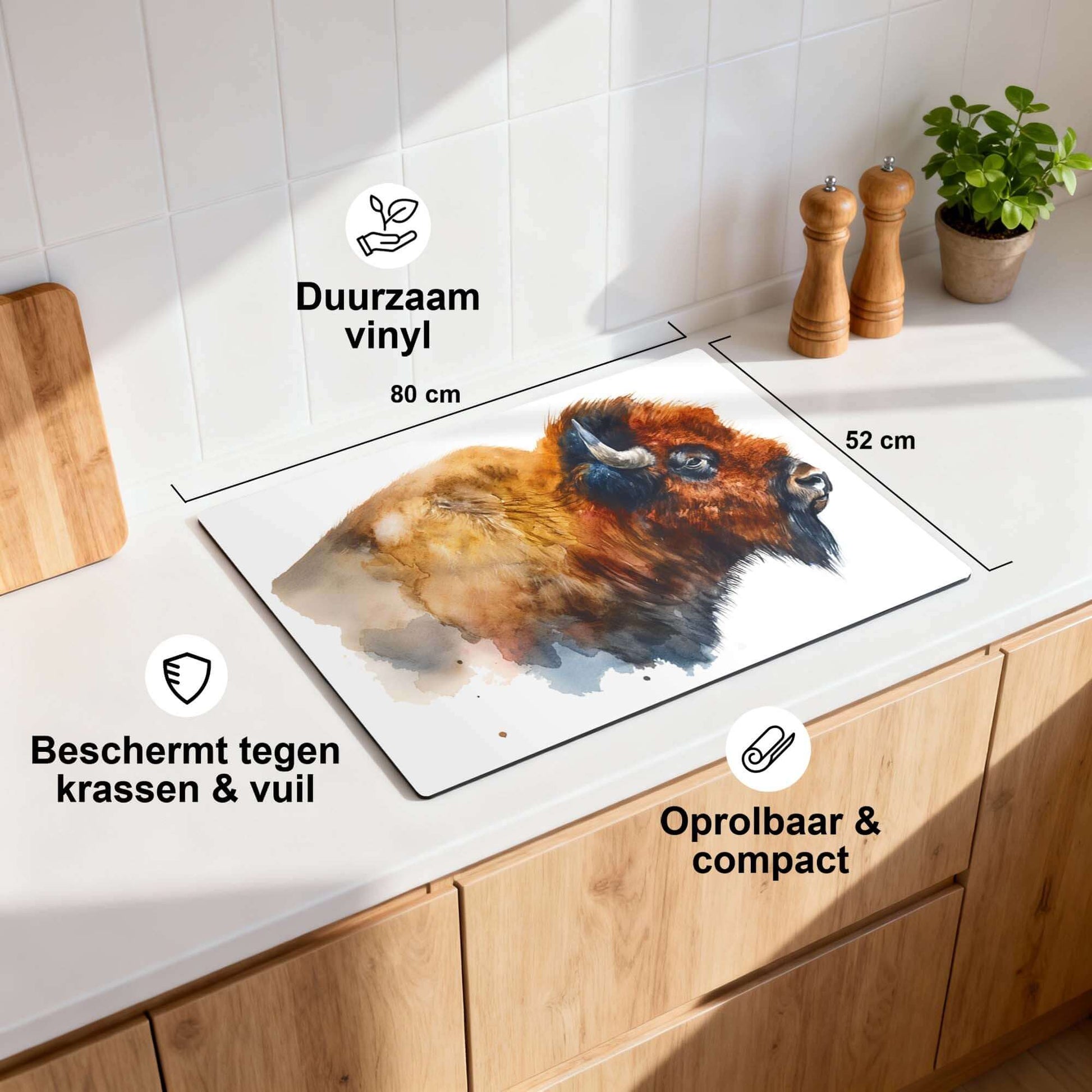 Majestic Bison - Inductie Beschermer op een keukenblad, duurzaam vinyl, beschermt tegen krassen en vuil.