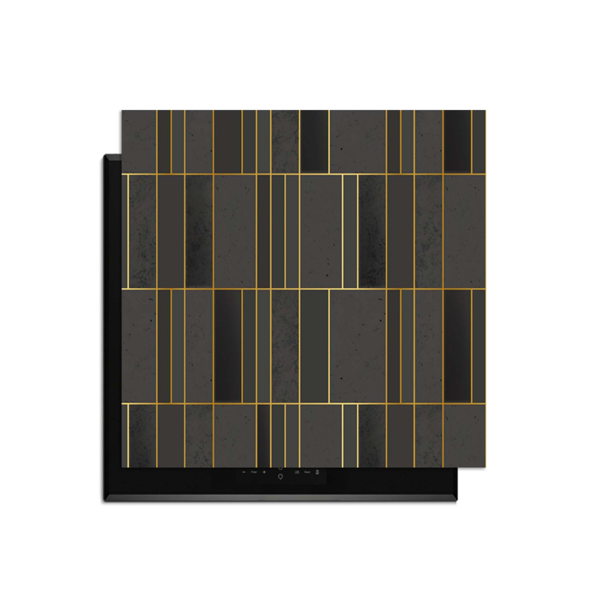 Midnight Grid – Inductie Beschermer in geometrisch design met gouden accenten en diepe tinten voor keukenbescherming.