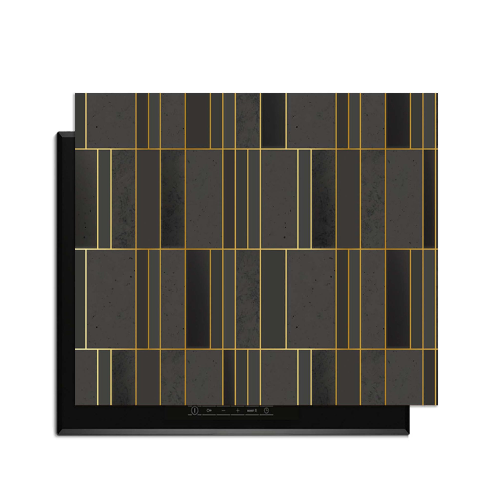 Midnight Grid – Inductie Beschermer met geometrisch design en gouden accenten voor keukenbescherming.