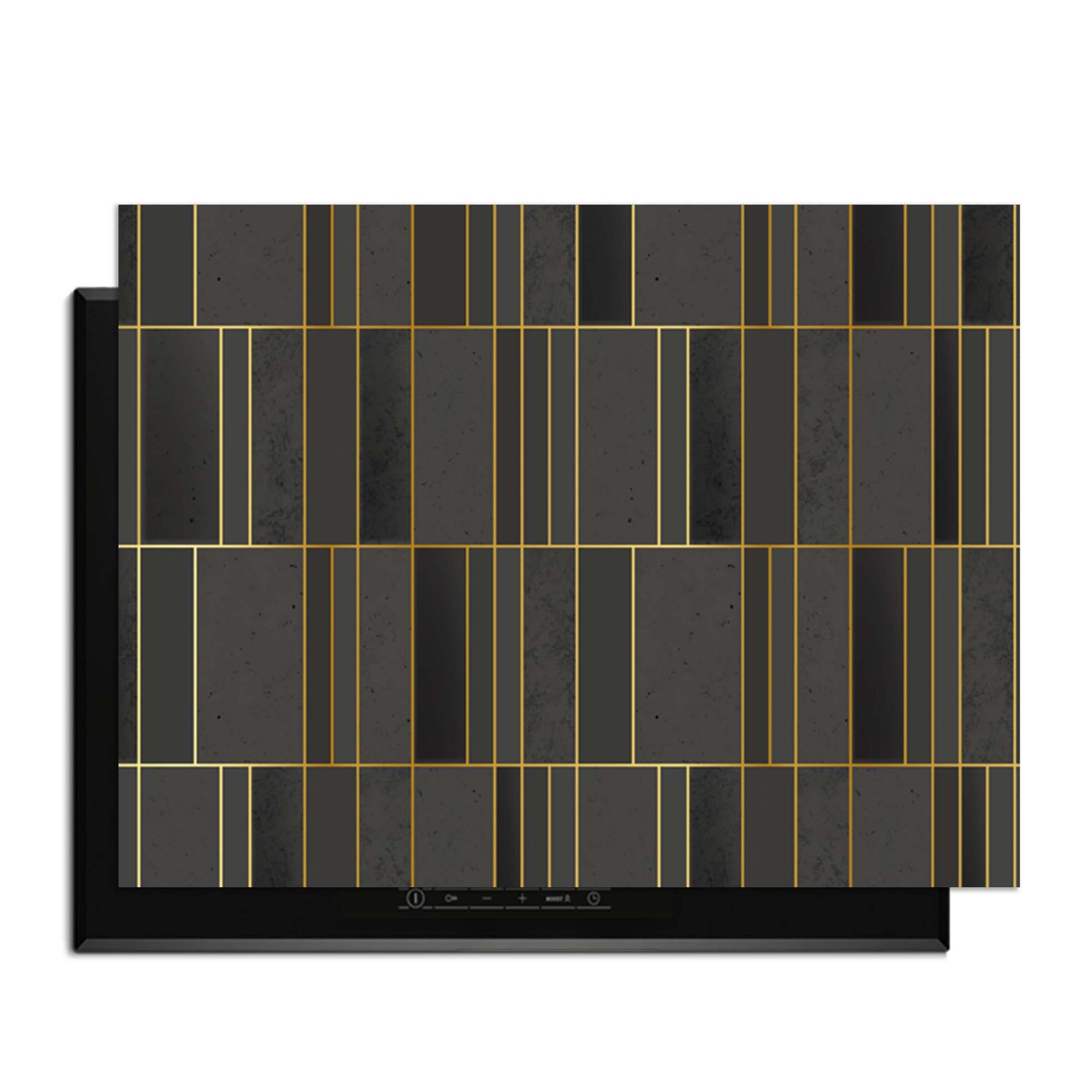 Midnight Grid – Inductie Beschermer met geometrisch design in diepe tinten en gouden accenten.