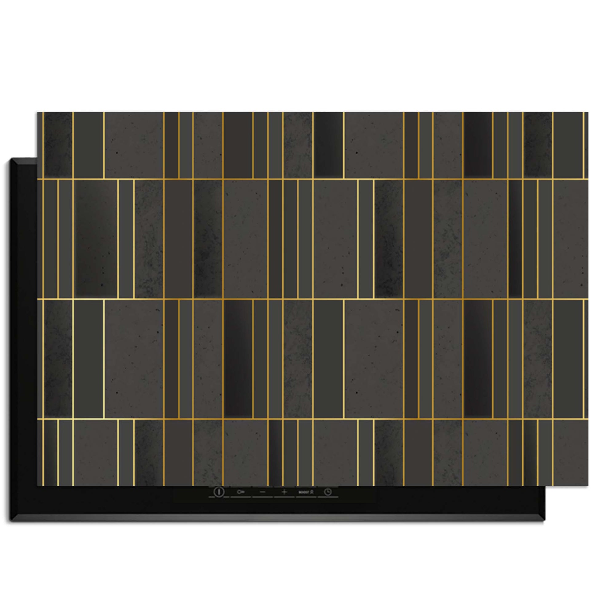 Midnight Grid – Inductie Beschermer met geometrisch design en gouden accenten voor stijlvolle keukenbescherming.