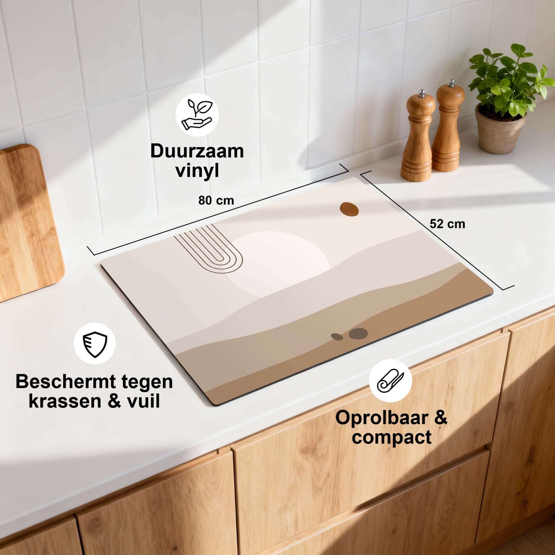 Desert Glow - Japandi Induction Protector mit sanften Wüstentönen und organischen Formen auf robustem Vinyl.