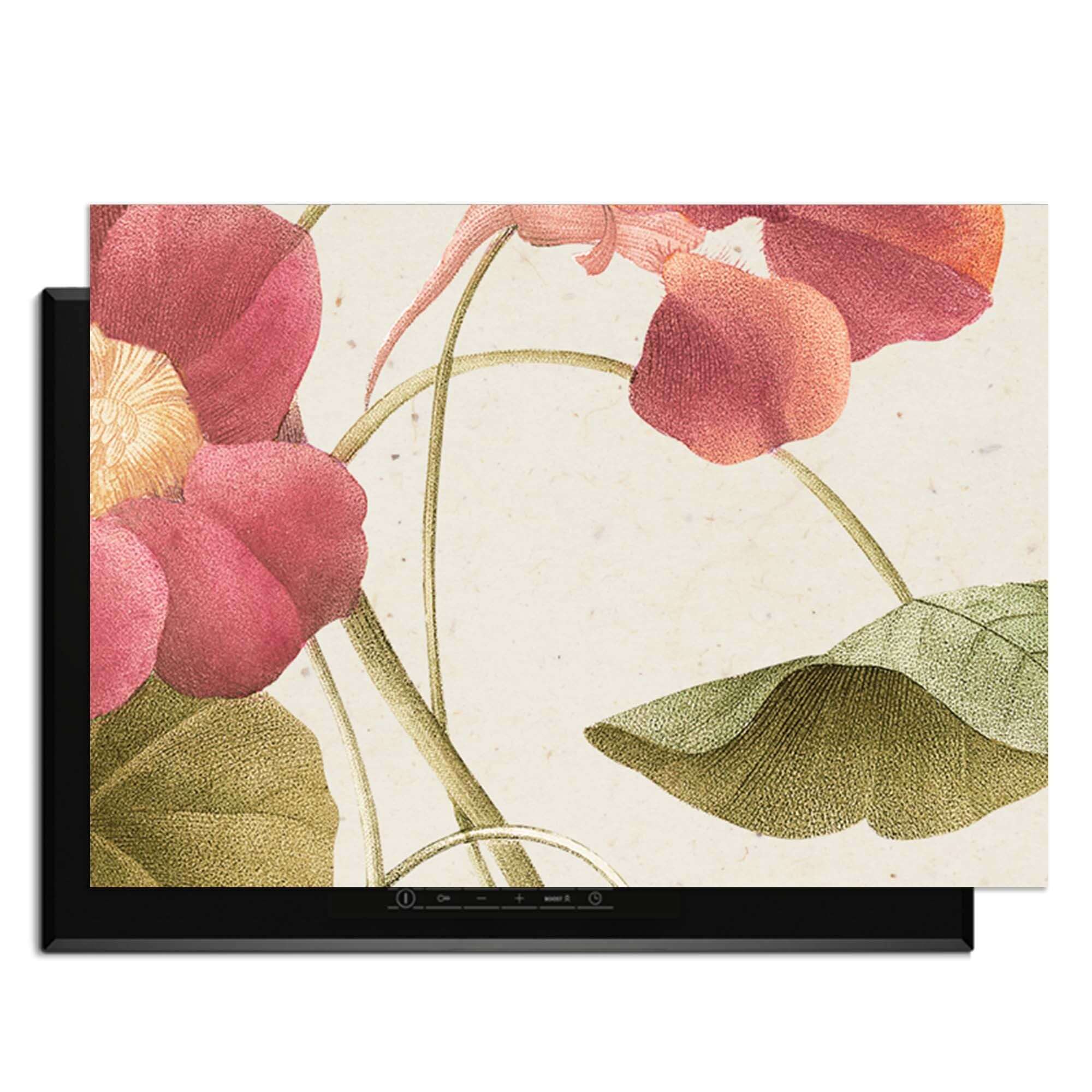 Petal Whisper – Inductie Beschermer met delicate bloemen op een klassieke achtergrond.