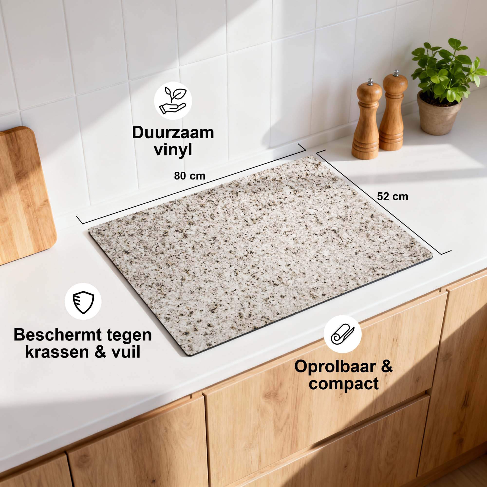 Almond Granite - Inductie Beschermer op een keukenblad, duurzaam vinyl, beschermt tegen krassen en vuil.