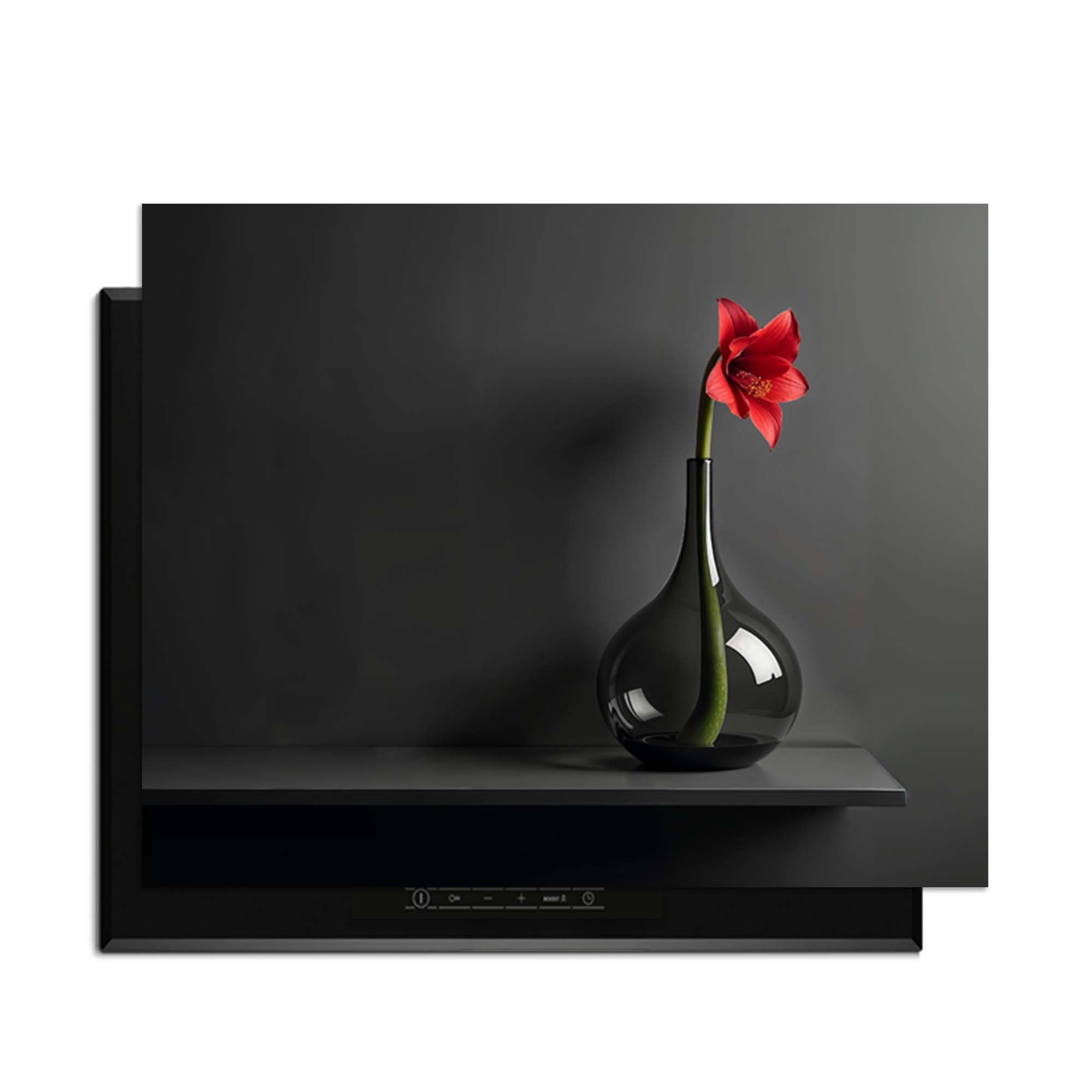 Crimson Silence - Induktionsschutz mit schwarzer Vase und roter Blume, perfekt für die moderne Küche.