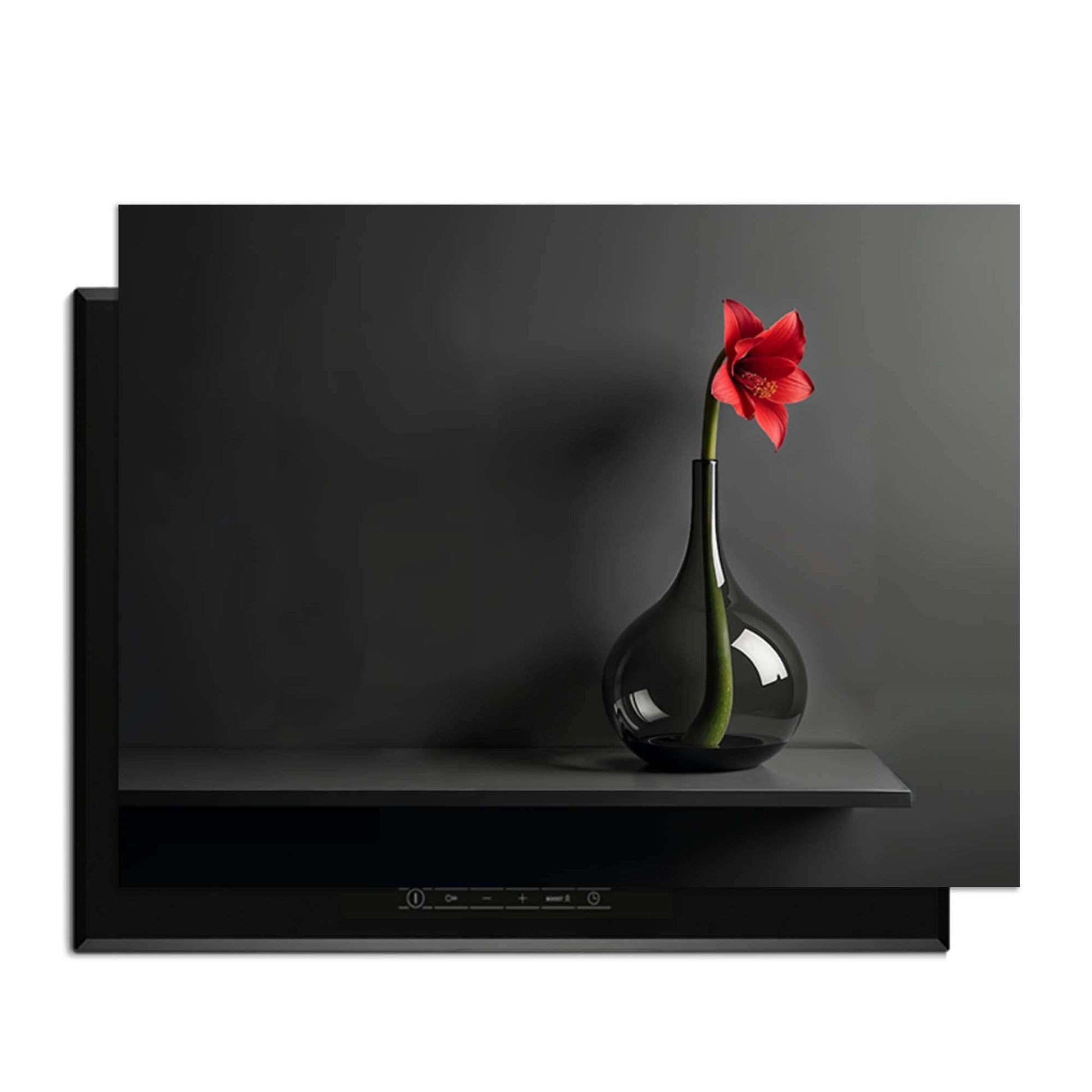 Crimson Silence - Induktionswächter mit schwarzem Hintergrund und roter Blume in Vase.