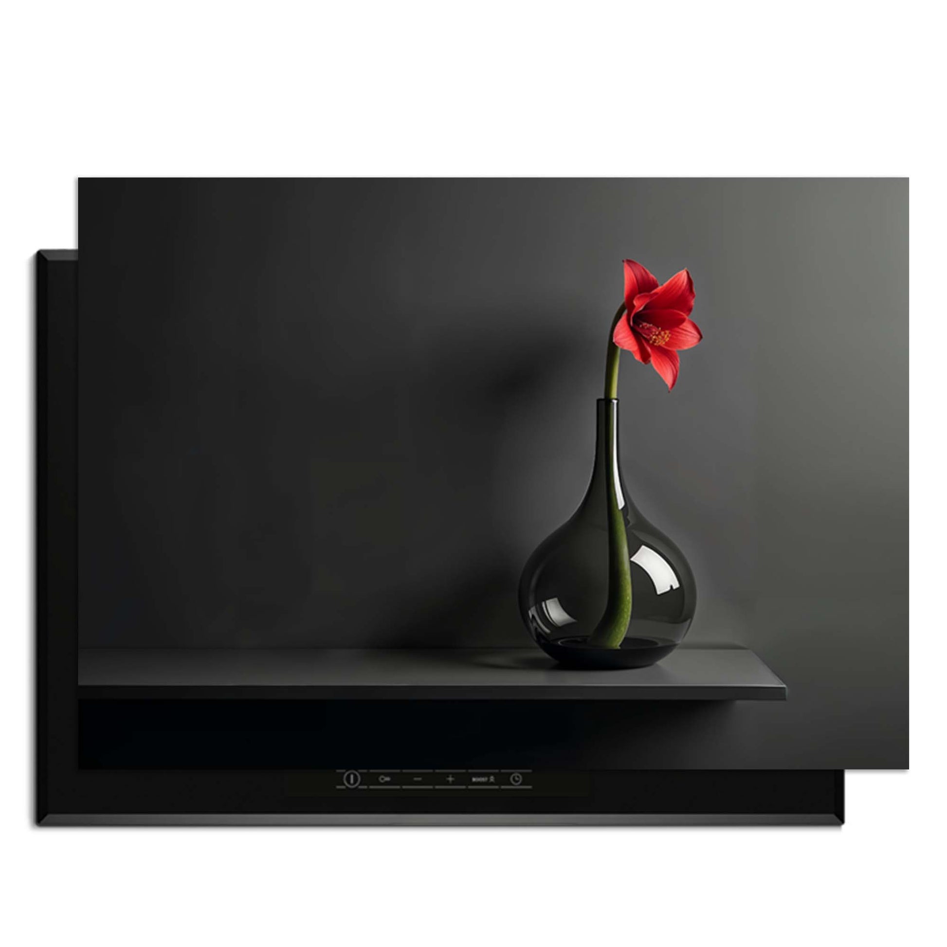 Crimson Silence - Induktionswächter auf einem modernen schwarzen Hintergrund mit einer eleganten Vase und einer Blume.