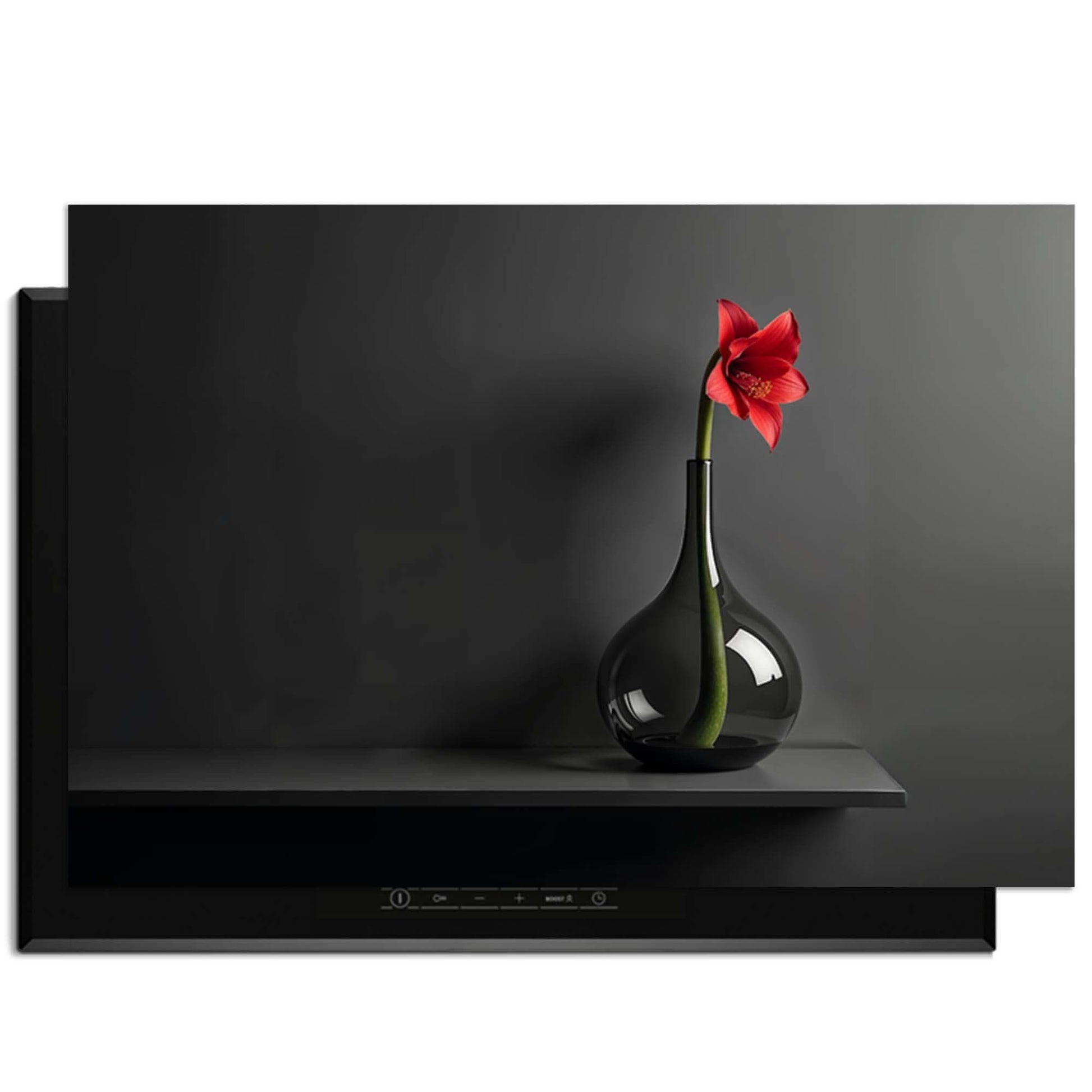 Crimson Silence - Induktionsschutz mit elegantem schwarzen Design und einer roten Blume in einer stilvollen Vase.
