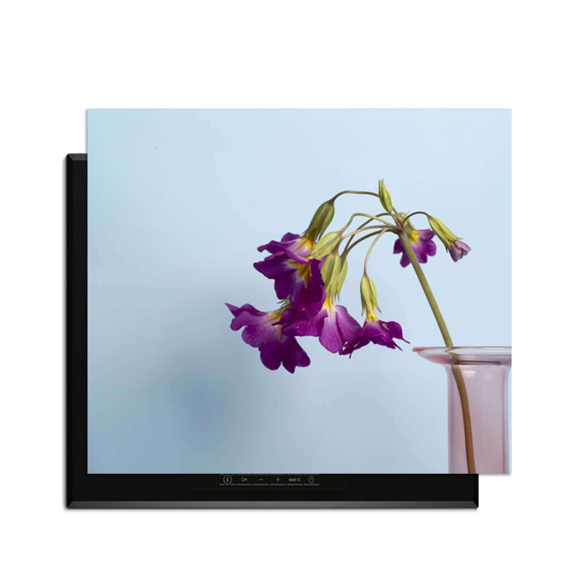 Delicate Drop - Induktionsschutz mit lila Blumen auf einem Induktionskochfeld.