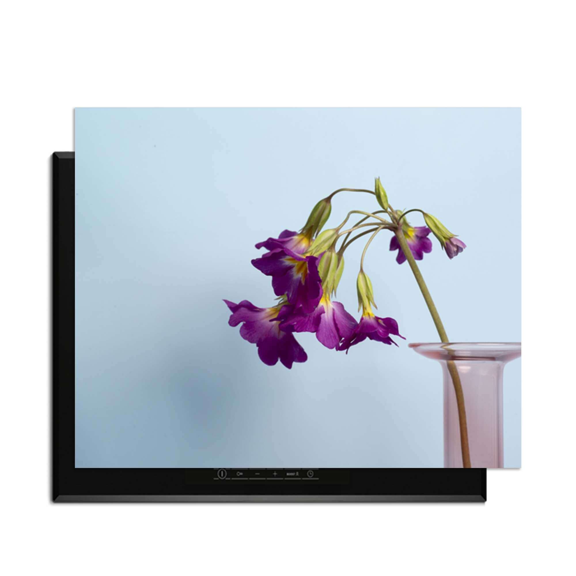 Delicate Drop - Induktionsschutz mit lila Blumen auf blauem Hintergrund.
