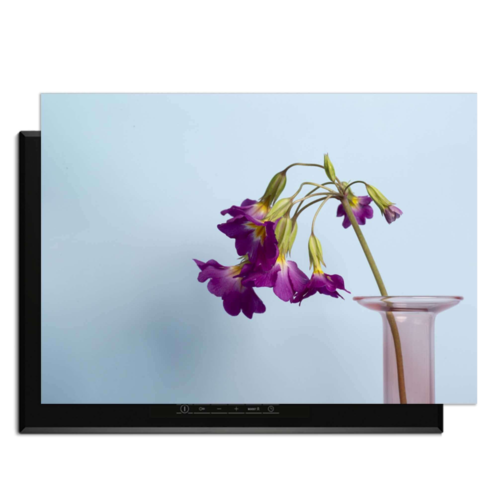 Delicate Drop - Induktionsschutz mit elegantem Design und lila Blumen auf blauem Hintergrund.