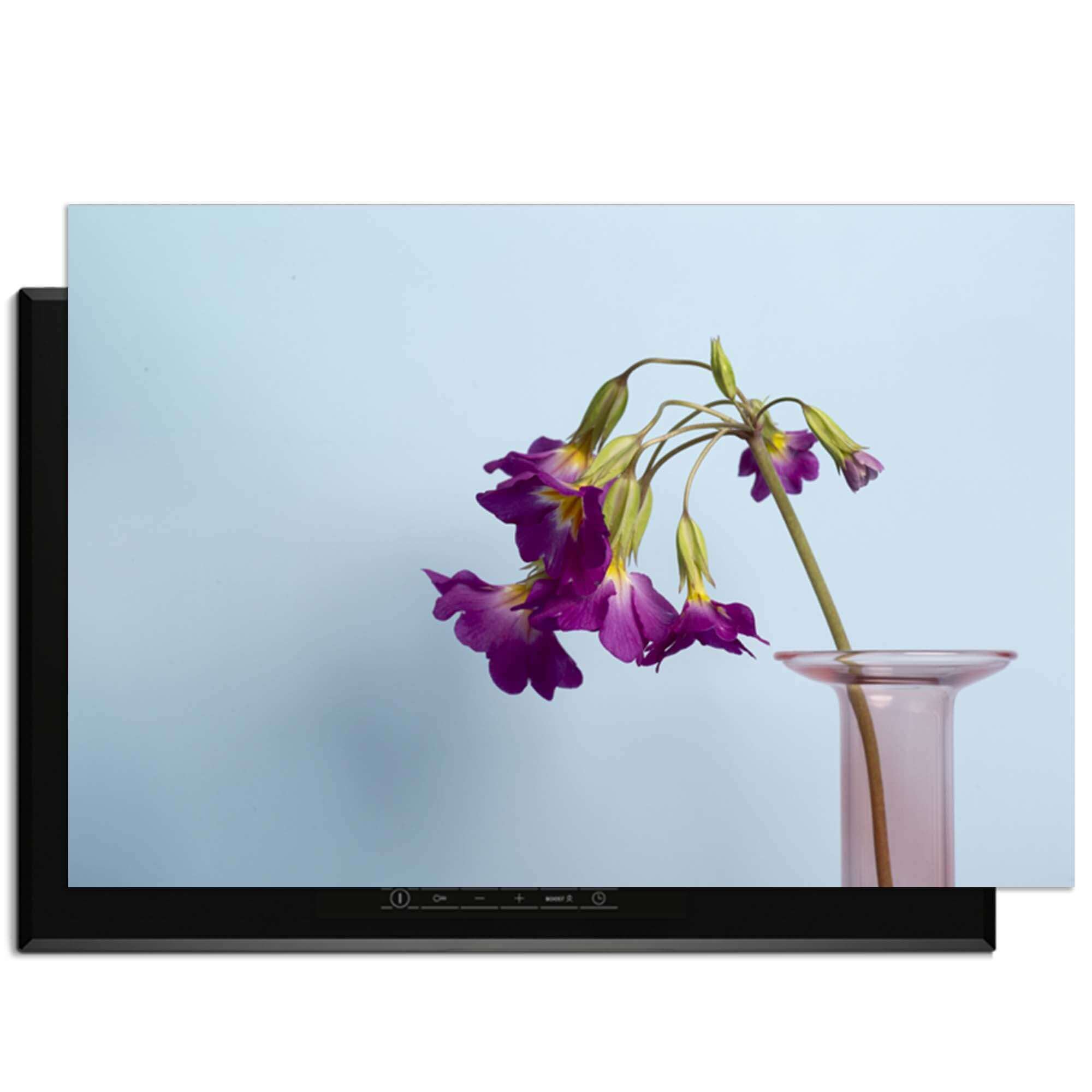 Delicate Drop - Induktionsschutz mit lila Blumen, geeignet für moderne Küchen und Schutz vor Abnutzung.