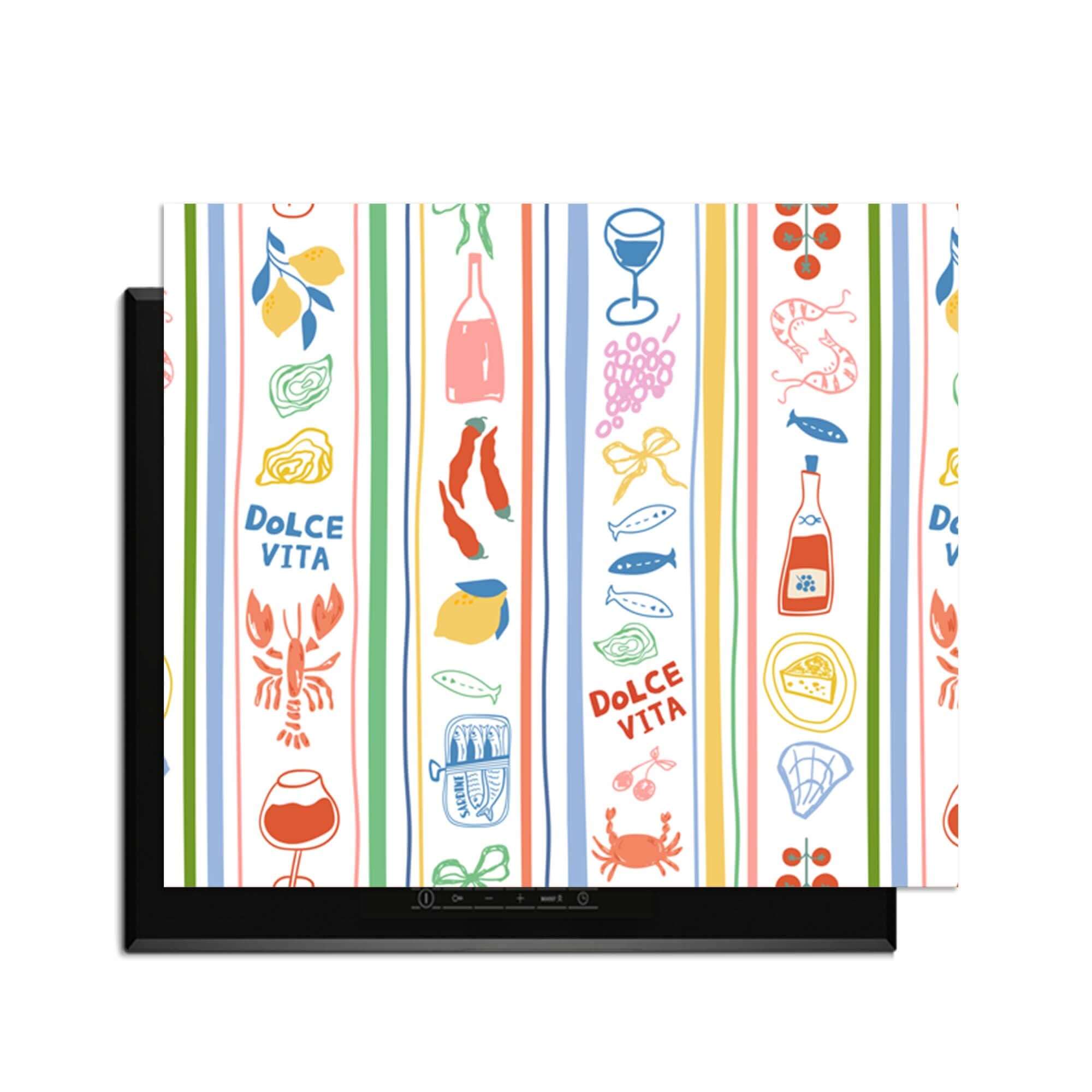 Dolce Stripes - Inductie Beschermer met kleurrijke strepen en mediterrane iconen voor stijlvol inductiebescherming in de keuken.