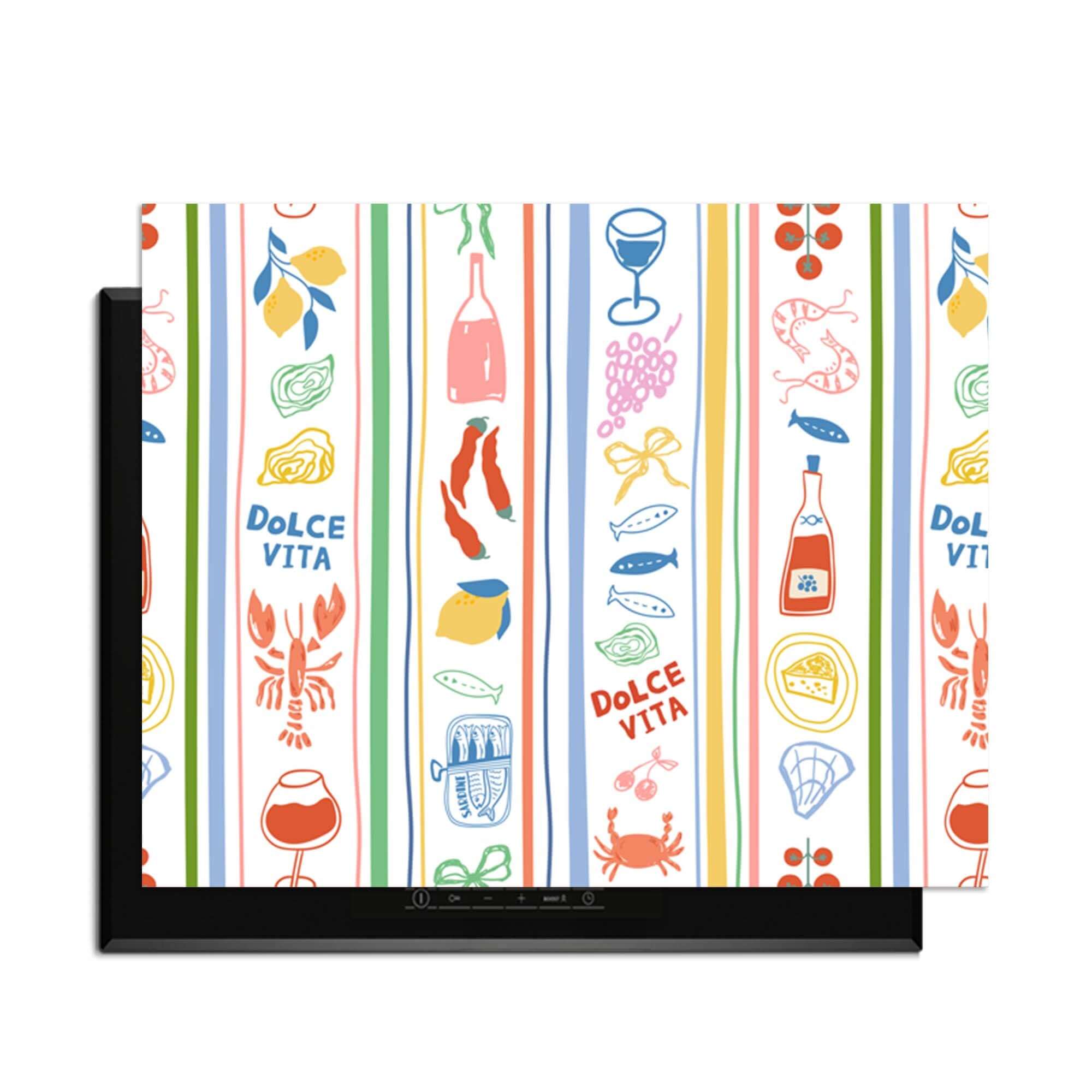 Dolce Stripes - Inductie Beschermer met kleurrijke mediterrane iconen en strepen voor stijlvolle keukenbescherming.