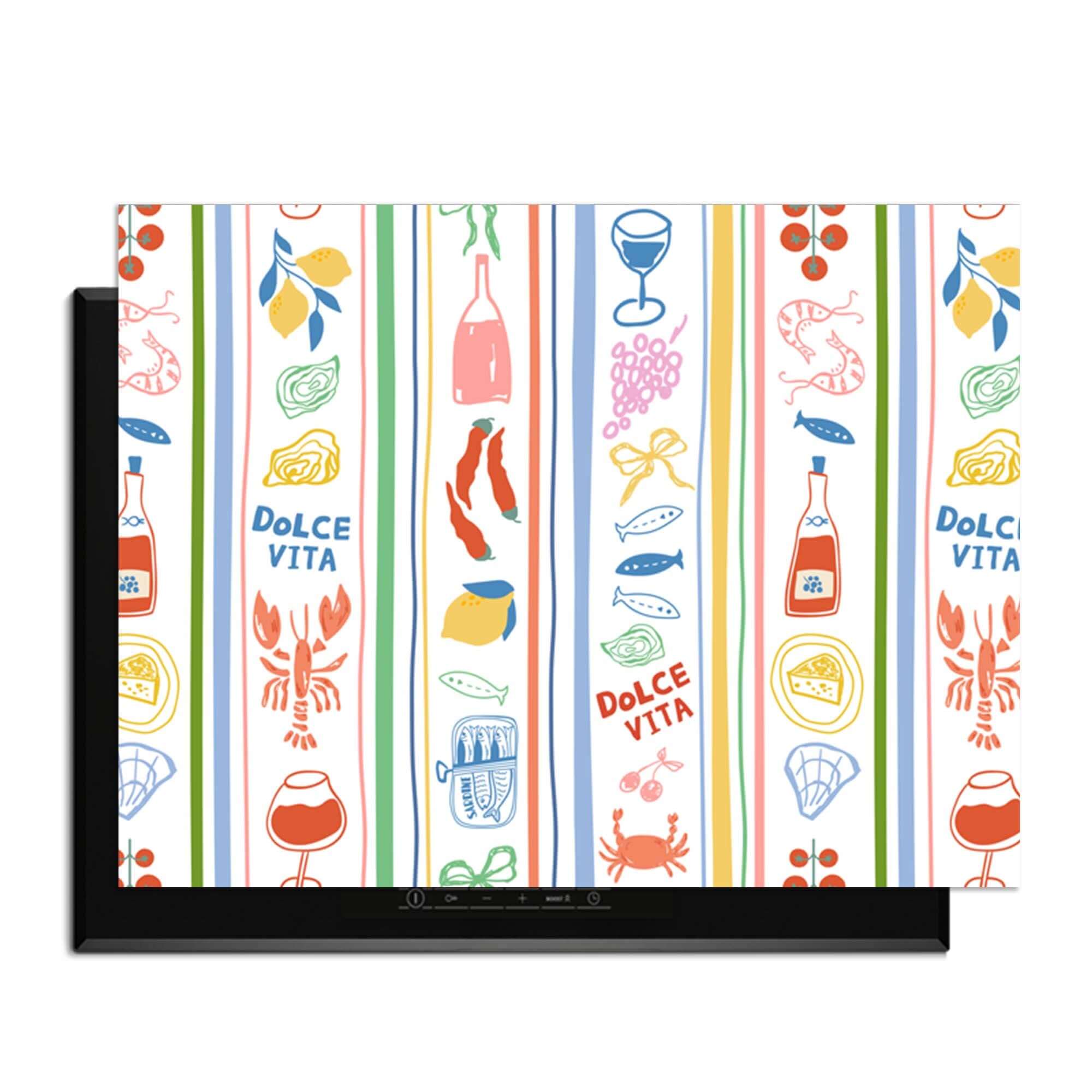 Dolce Stripes - Inductie Beschermer met kleurrijke mediterrane iconen, vrolijke strepen en Italiaanse stijl voor keukenbescherming