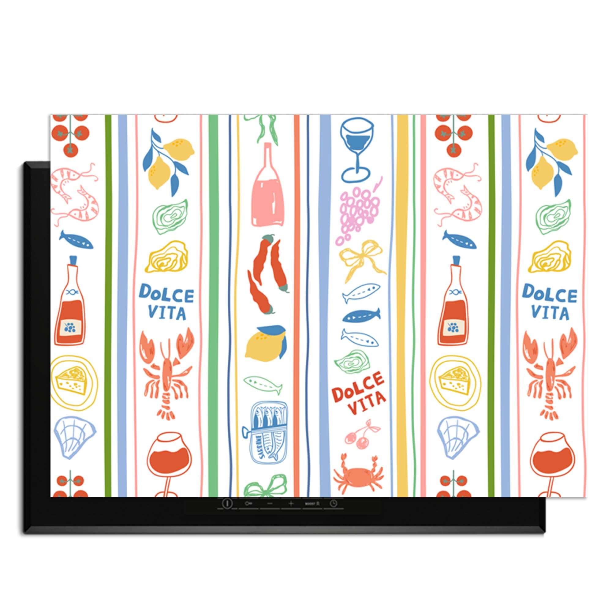Dolce Stripes - Inductie Beschermer met kleurrijke mediterrane iconen voor stijlvolle bescherming van je inductieplaat.