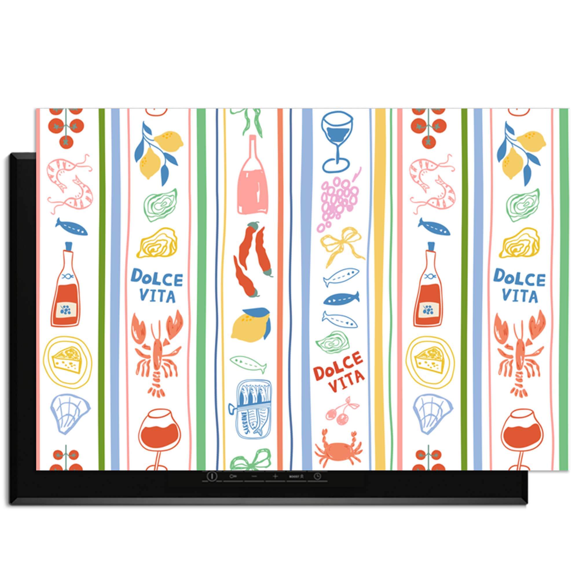 Dolce Stripes - Inductie Beschermer met mediterrane iconen en strepen, kleurrijke bescherming voor je keuken inductieplaat.