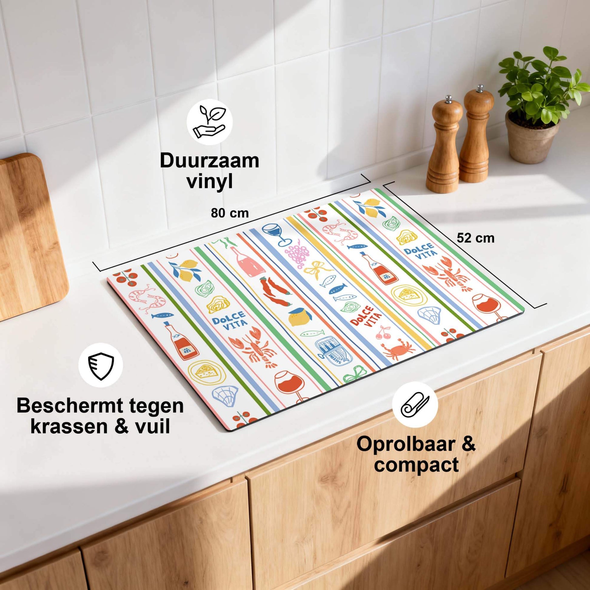 Dolce Stripes - Inductie Beschermer met kleurrijke strepen en Mediterrane iconen, duurzame vinyl bescherming voor inductieplaten.