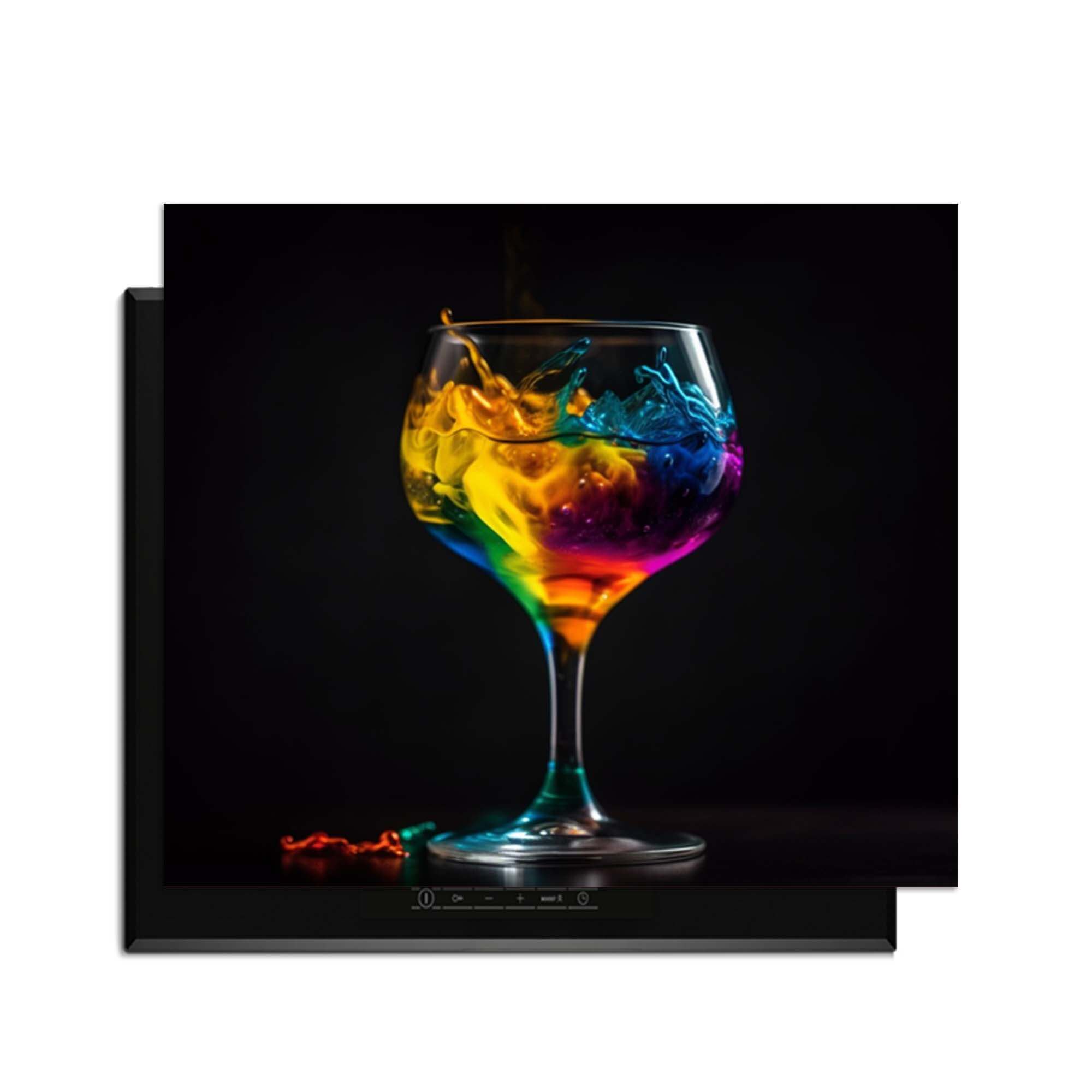 Drip & Sip - Inductie Beschermer met kleurrijke drank in een elegant glas op een donkere achtergrond.