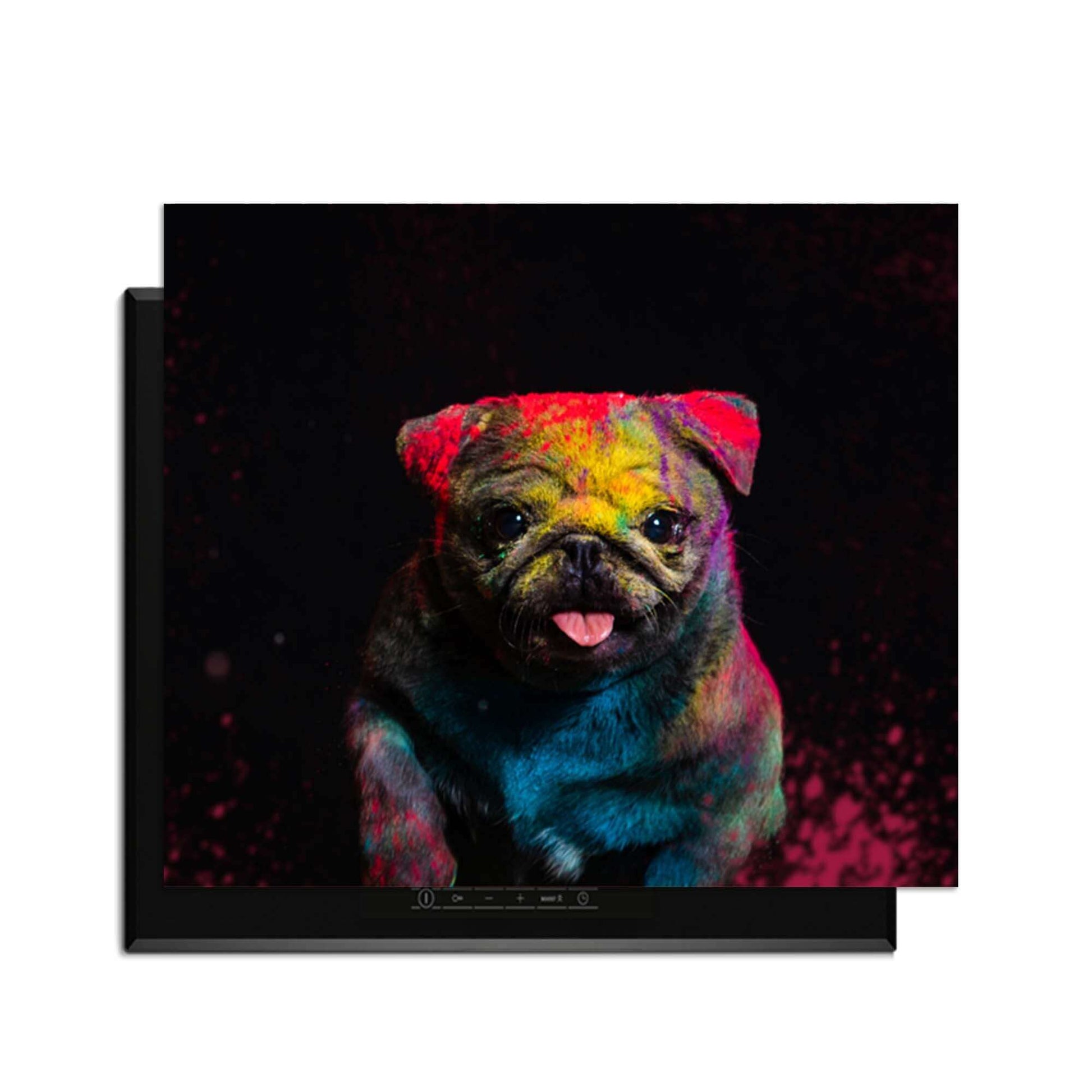 Funky Pup - Induktionsschutz mit buntem Design eines niedlichen Hundes auf einem Kochfeld.