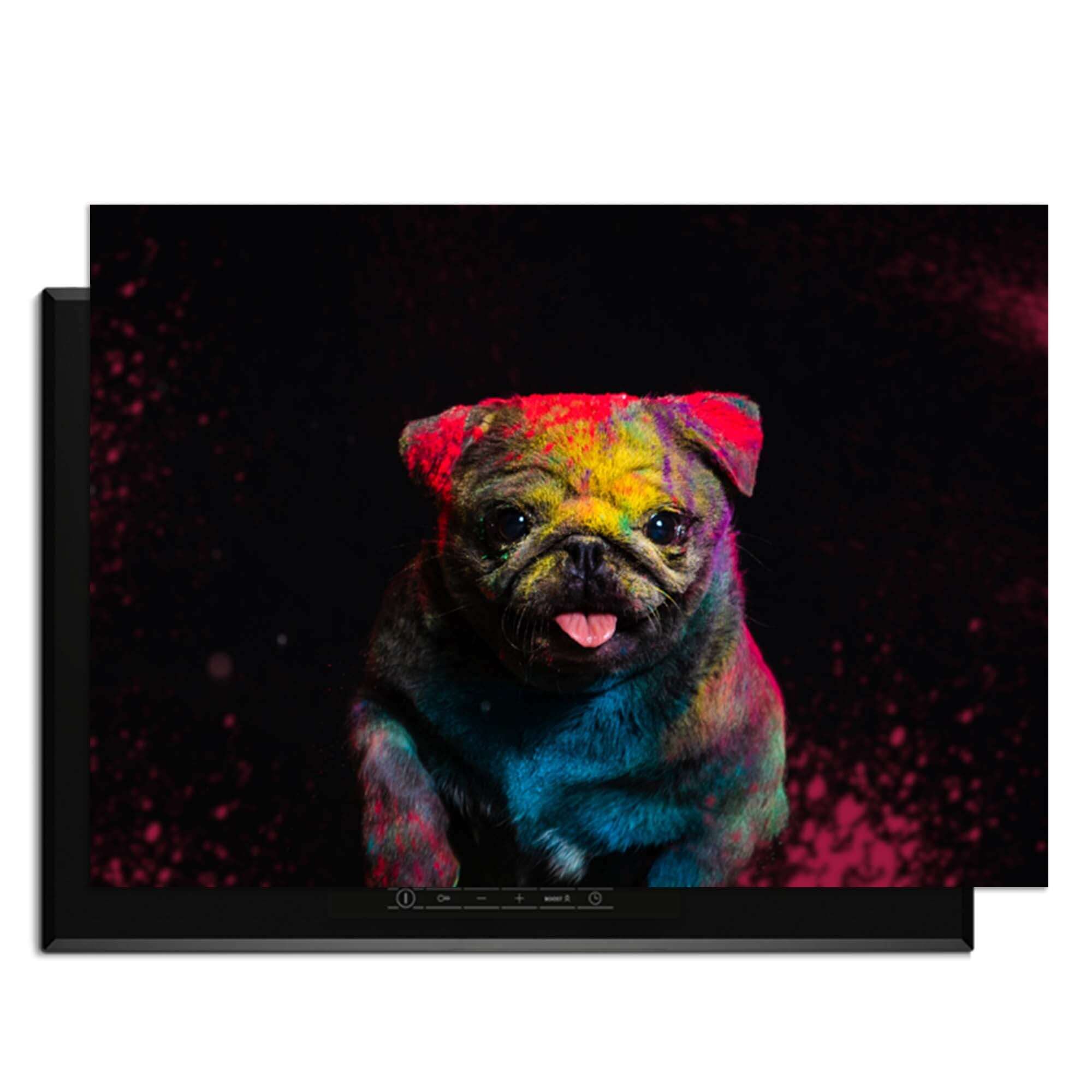 Funky Pup - Induktionsschutz mit buntem Hund auf schwarzem Hintergrund, dekorativ und praktisch.