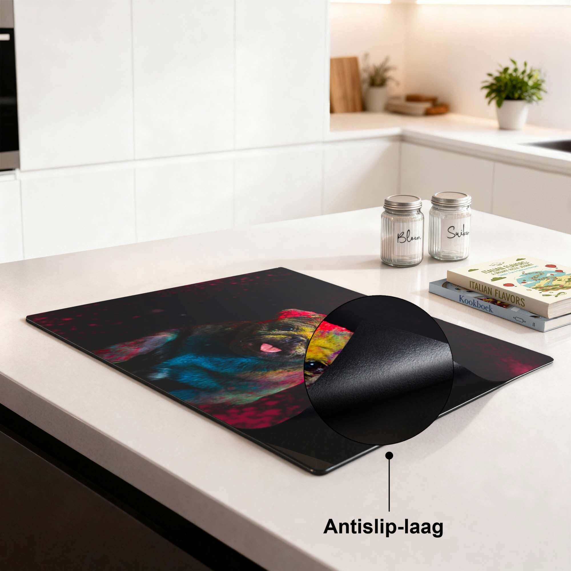 Funky Pup - Induction Protector auf einer rutschfesten Arbeitsplatte für optimalen Schutz und Stil.