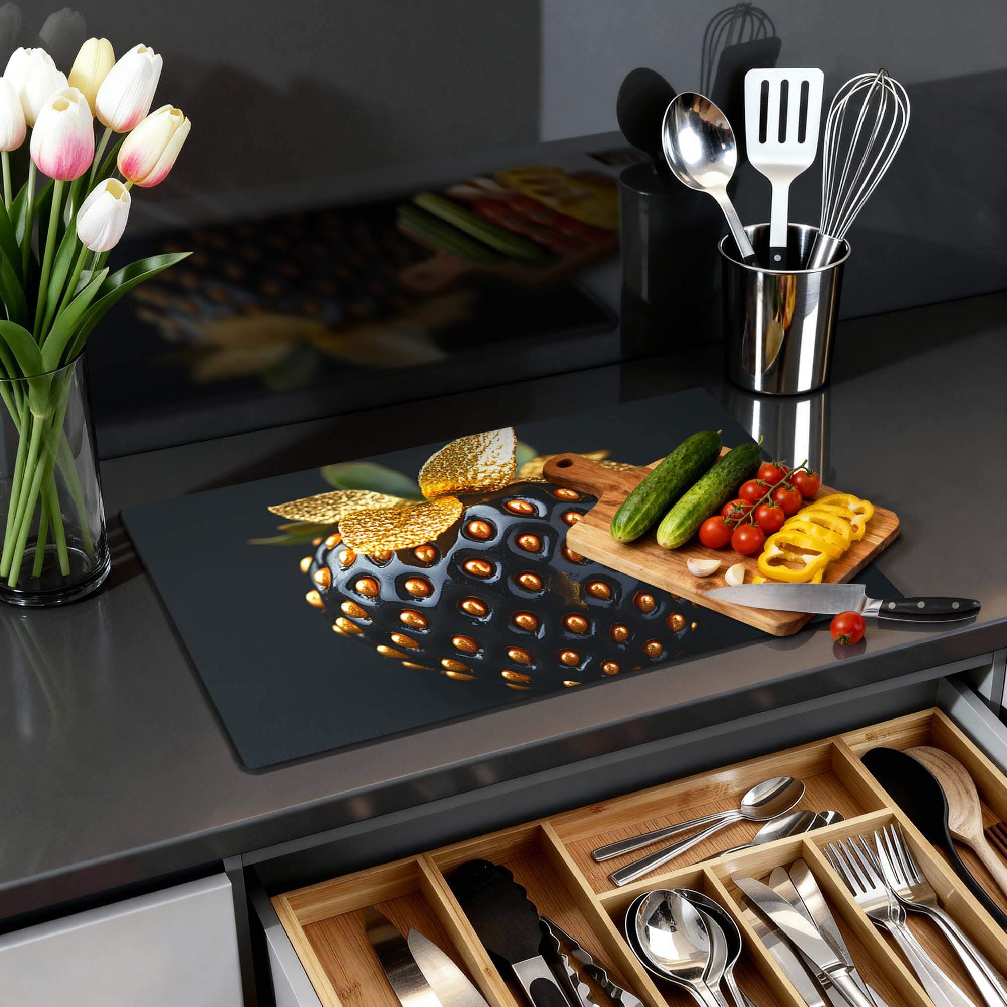 Golden Berry - Inductie Beschermer op een moderne keukenblad met groenten en bloemen.