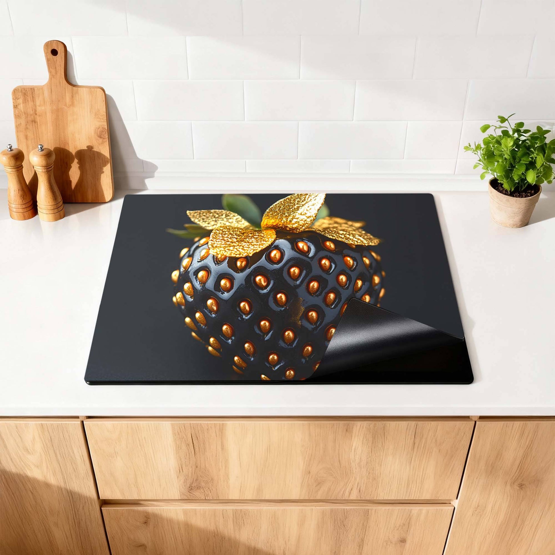 Golden Berry - Inductie Beschermer op een moderne keukenblad, elegant en functioneel.