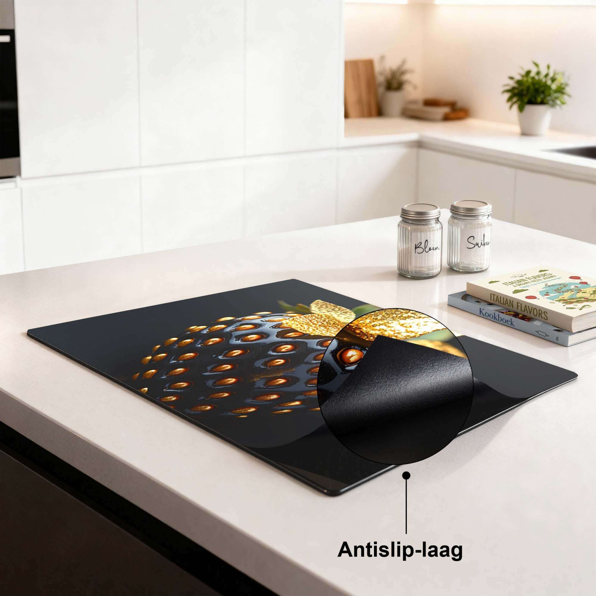 Golden Berry - Inductie Beschermer met antislip-laag op een moderne keuken tafel.