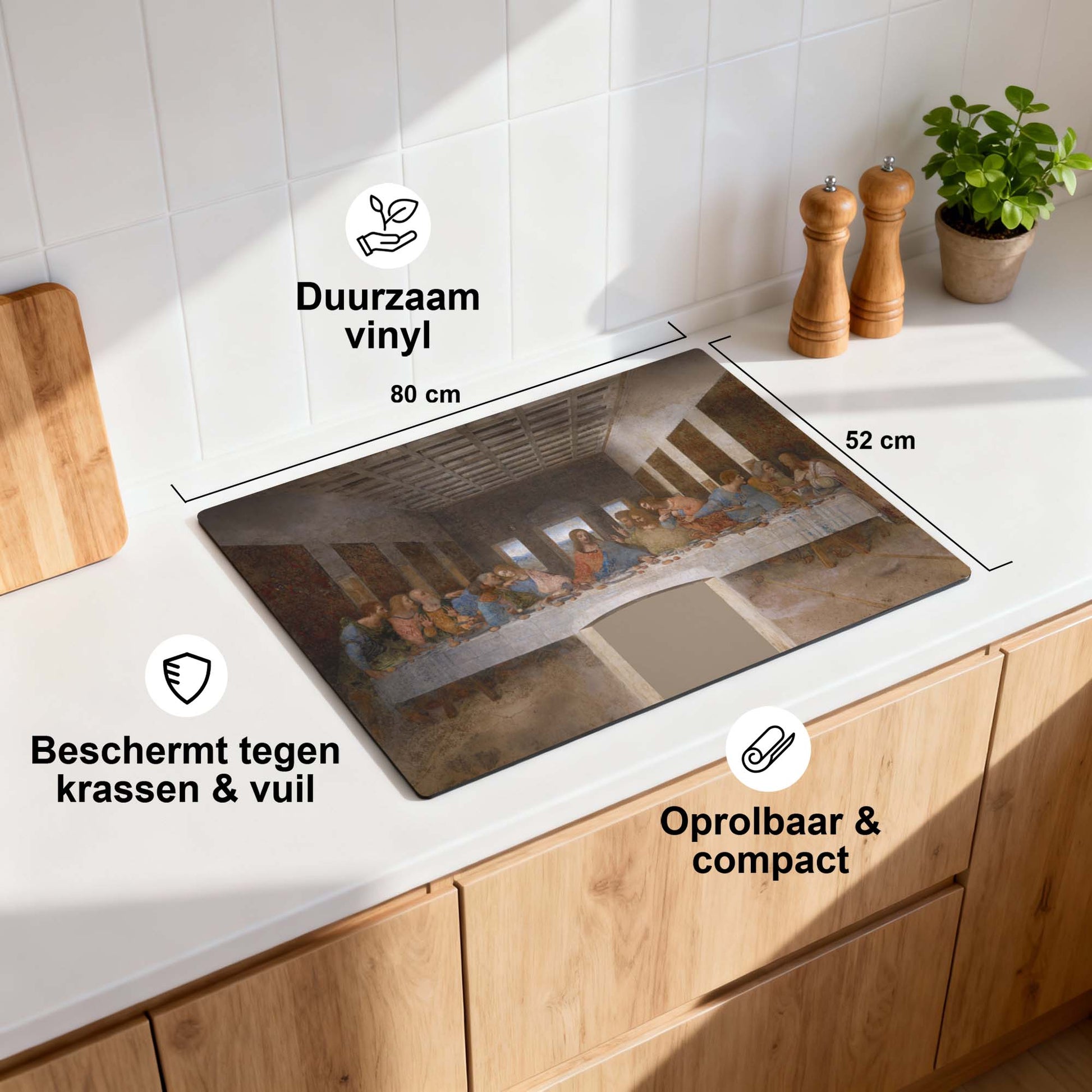 Laatste avondmaal – Inductie Beschermer met klassieke uitstraling, duurzaam vinyl, beschermt tegen krassen. Afmetingen: 80x52 cm.