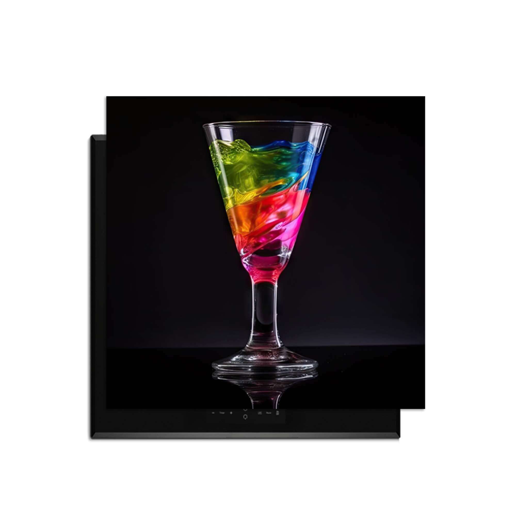 Liquid Art - Inductie Beschermer met kleurrijke vloeistoffen in een glas op een zwarte achtergrond.