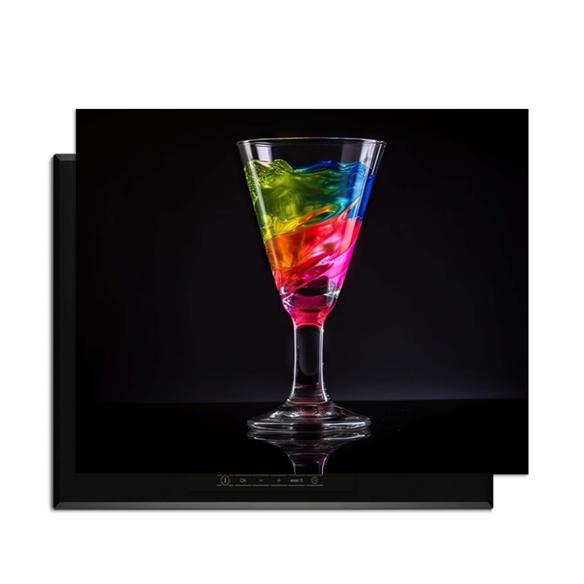 Liquid Art - Inductie Beschermer in een stijlvol glazen glas met kleurrijke vloeistoffen.