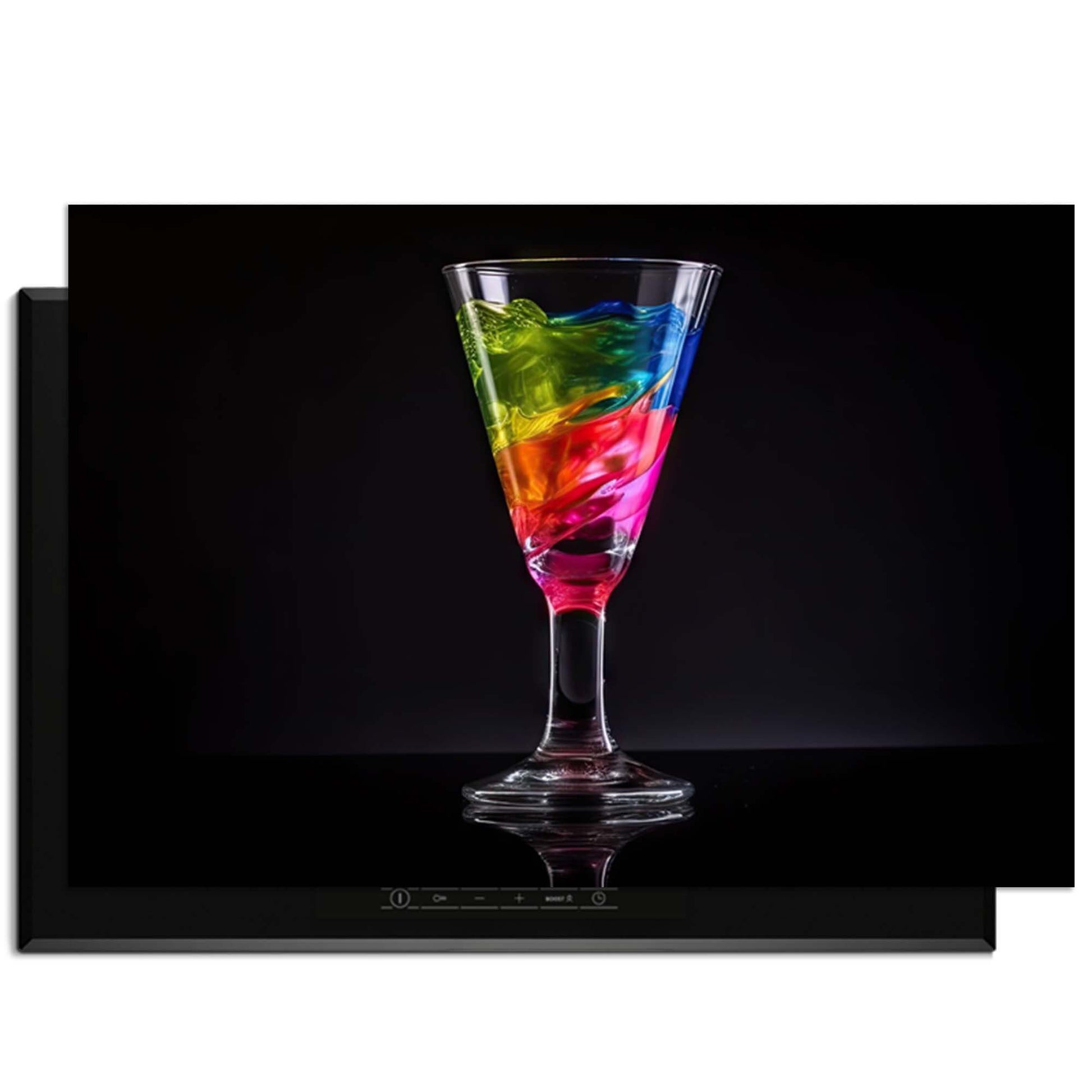 Liquid Art - Inductie Beschermer met kleurrijke vloeistoffen in een glazen schaal op een donkere achtergrond.