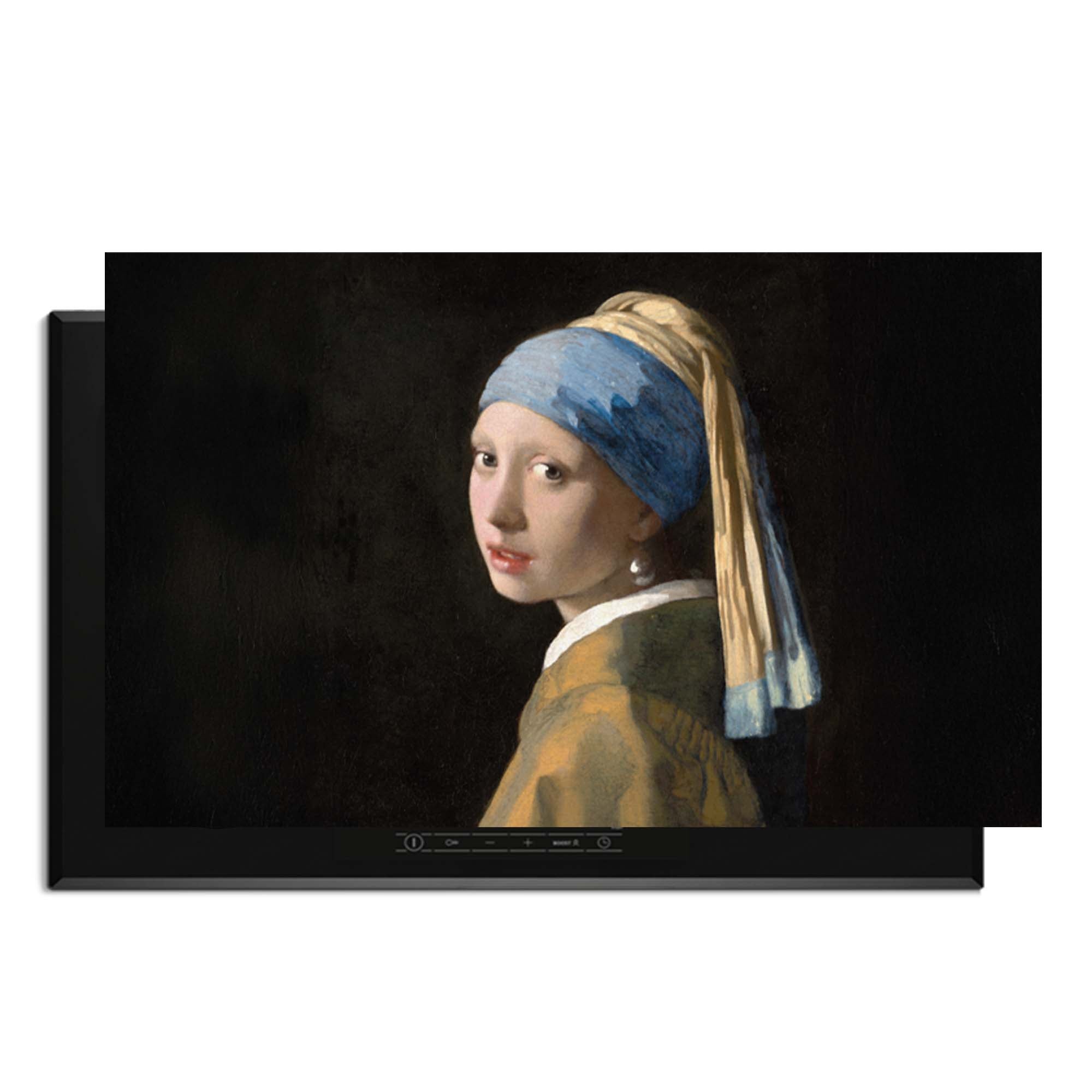Meisje met de Parel – Inductie Beschermer met kunstwerk van 'Meisje met de parel', elegante en mysterieuze keuken decoratie