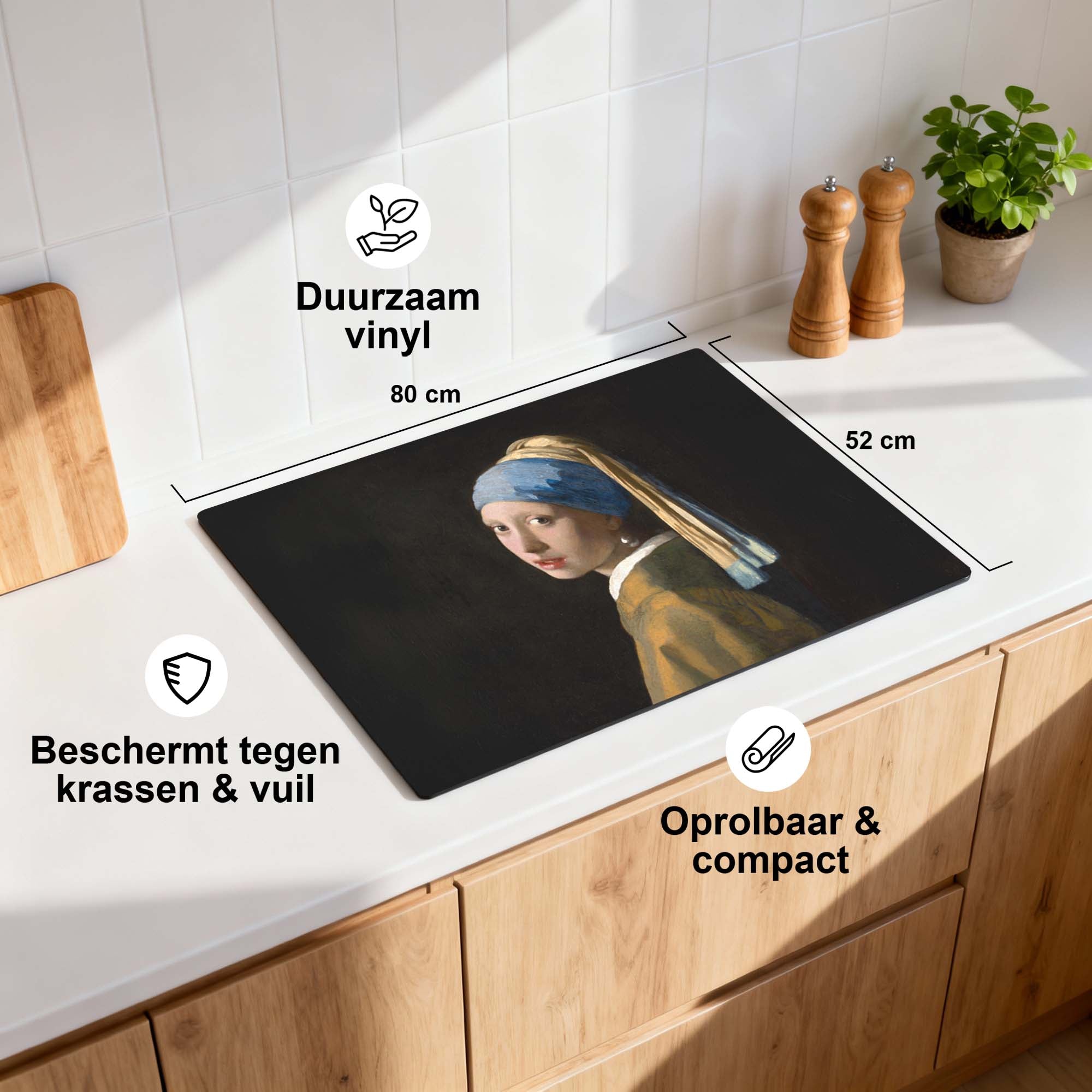 Meisje met de Parel – Inductie Beschermer op keukenblad met kunstwerk van Vermeer, duurzaam en beschermend voor moderne keukens.