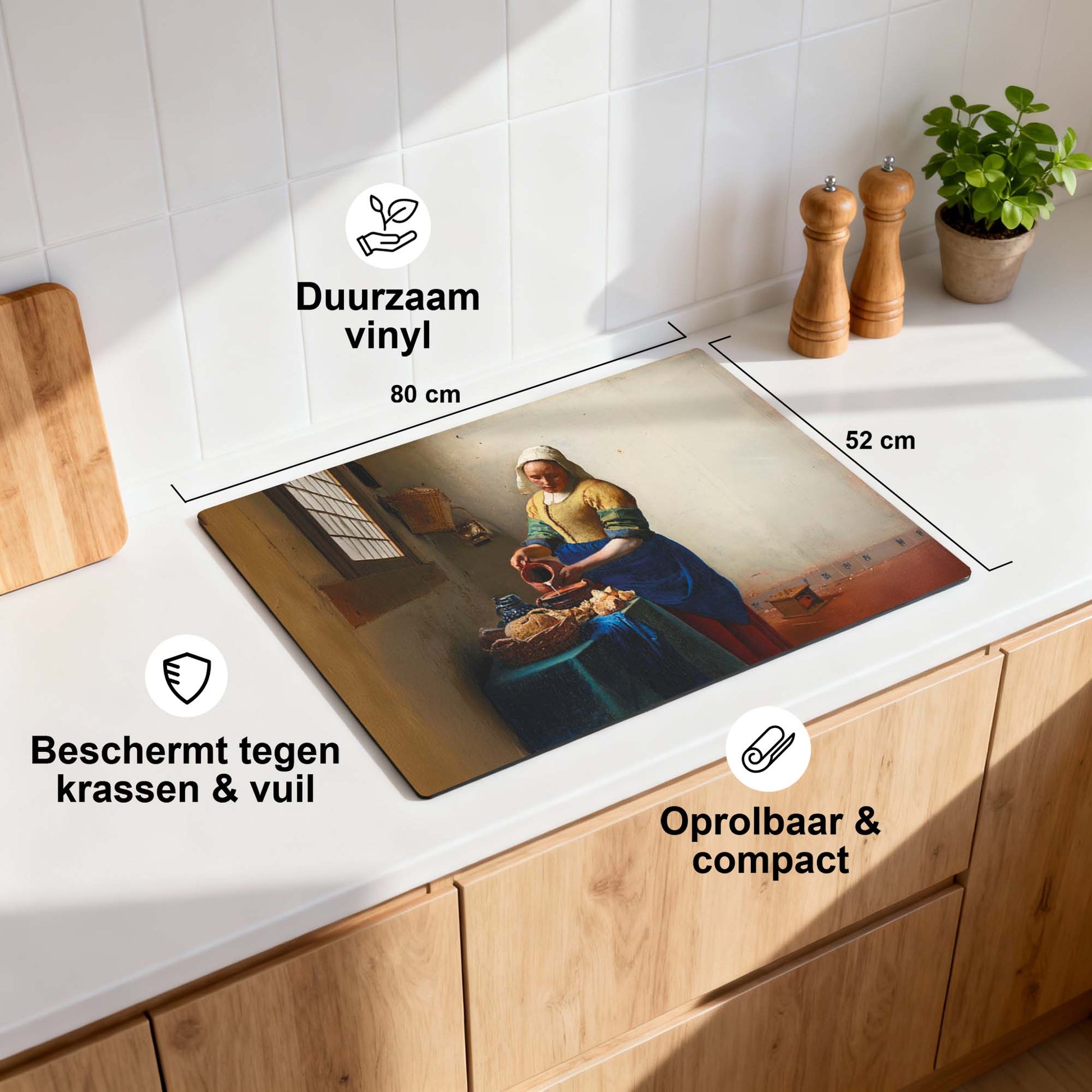 Melkmeisje– Inductie Beschermer met Hollandse meesterkunst als decoratie op keukenoppervlak, duurzaam en beschermend vinyl