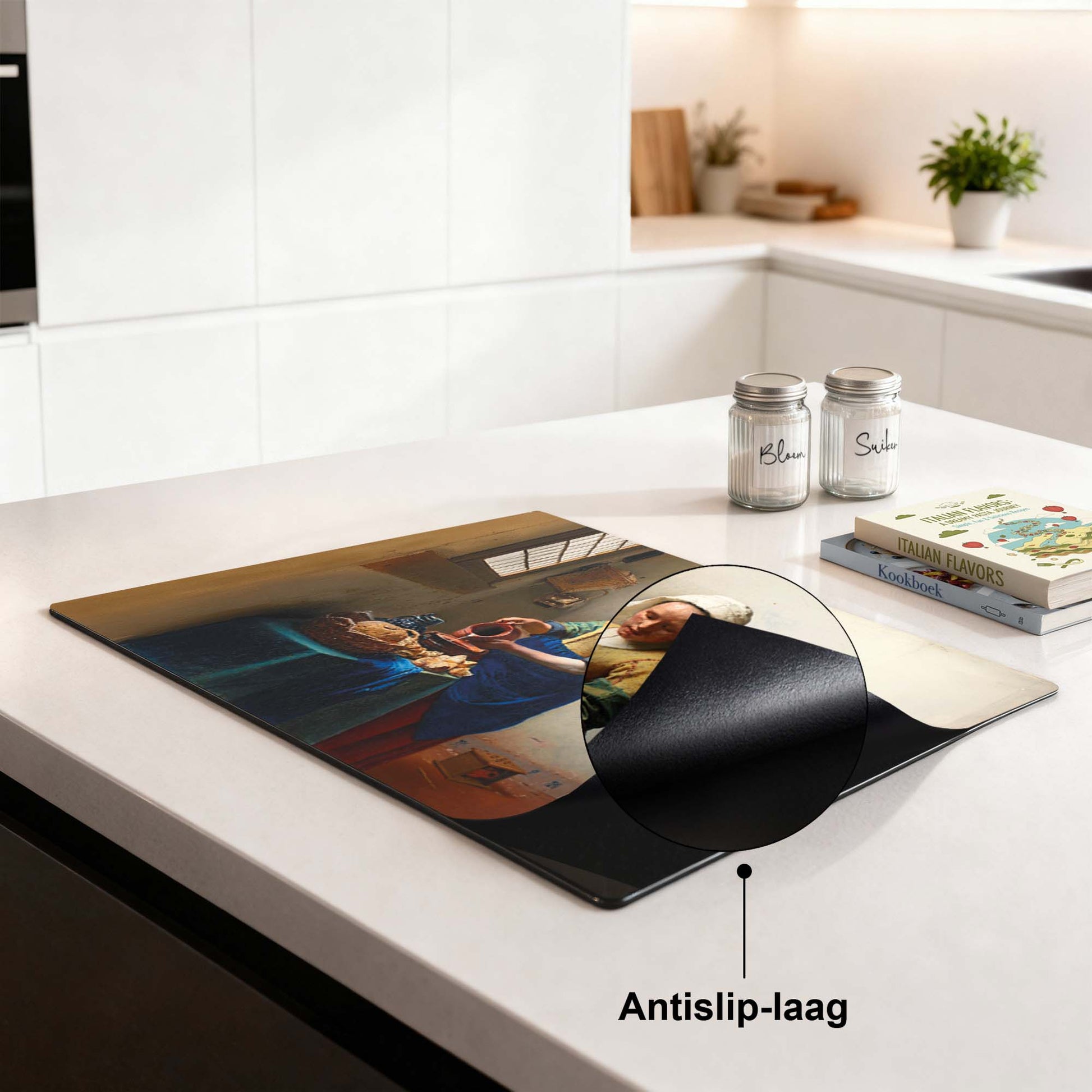 Keuken met Melkmeisje– Inductie Beschermer op aanrecht, antislip-laag zichtbaar, tijdloze uitstraling, Hollandse meesterkunst.